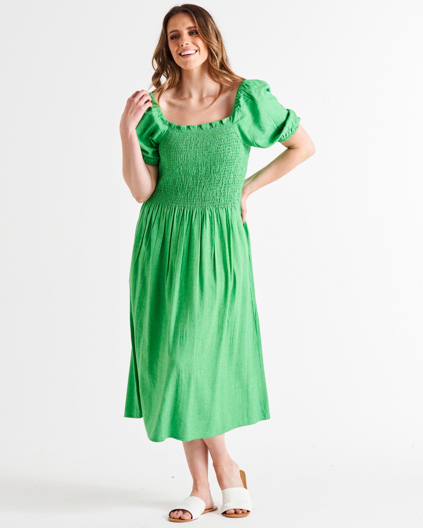 Ingrid Off Shoulder Shirred Bodice Linen-Blend Midi Dress - Bright Green