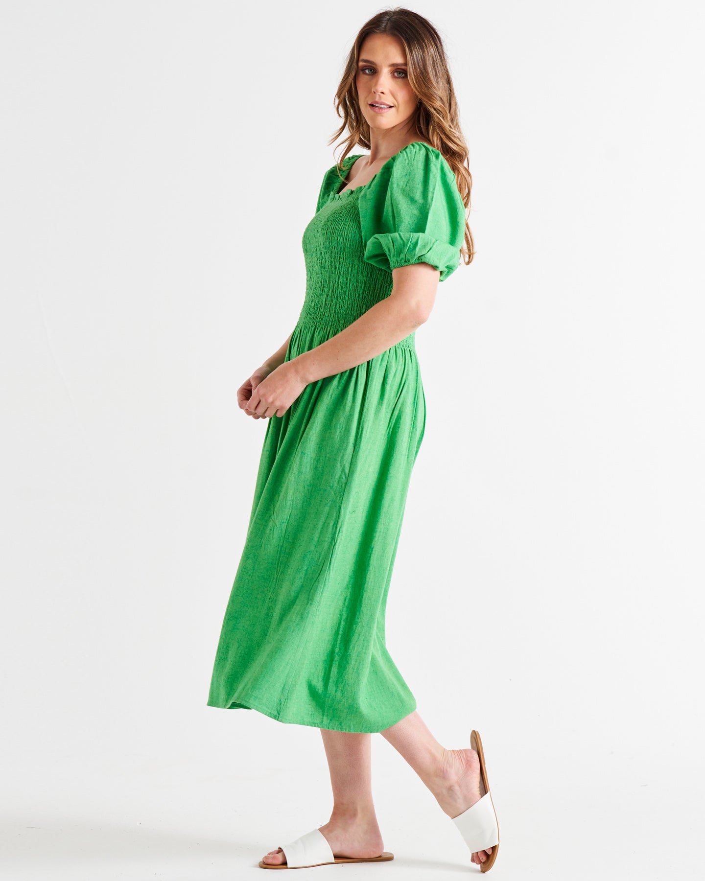 Ingrid Off Shoulder Shirred Bodice Linen-Blend Midi Dress - Bright Green