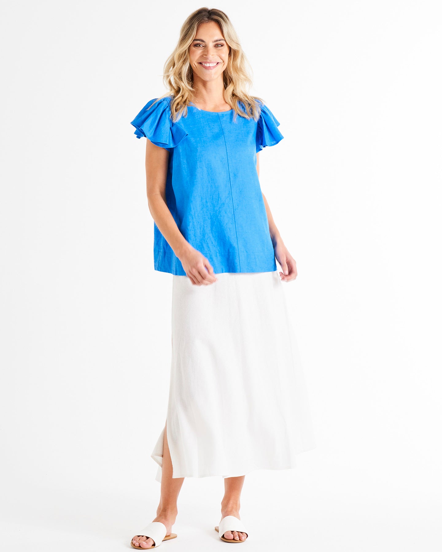 Imogen Frill Sleeve Linen-Blend Top - Electric Blue