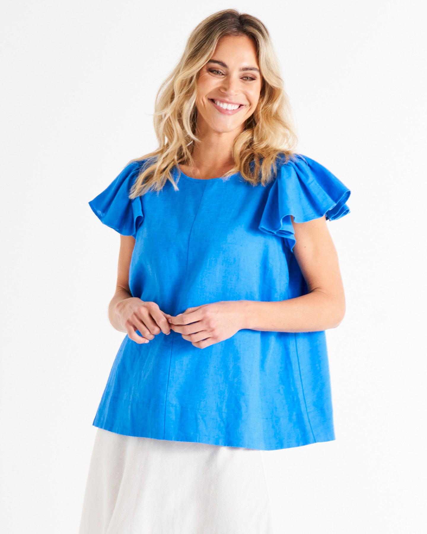 Imogen Frill Sleeve Linen-Blend Top - Electric Blue