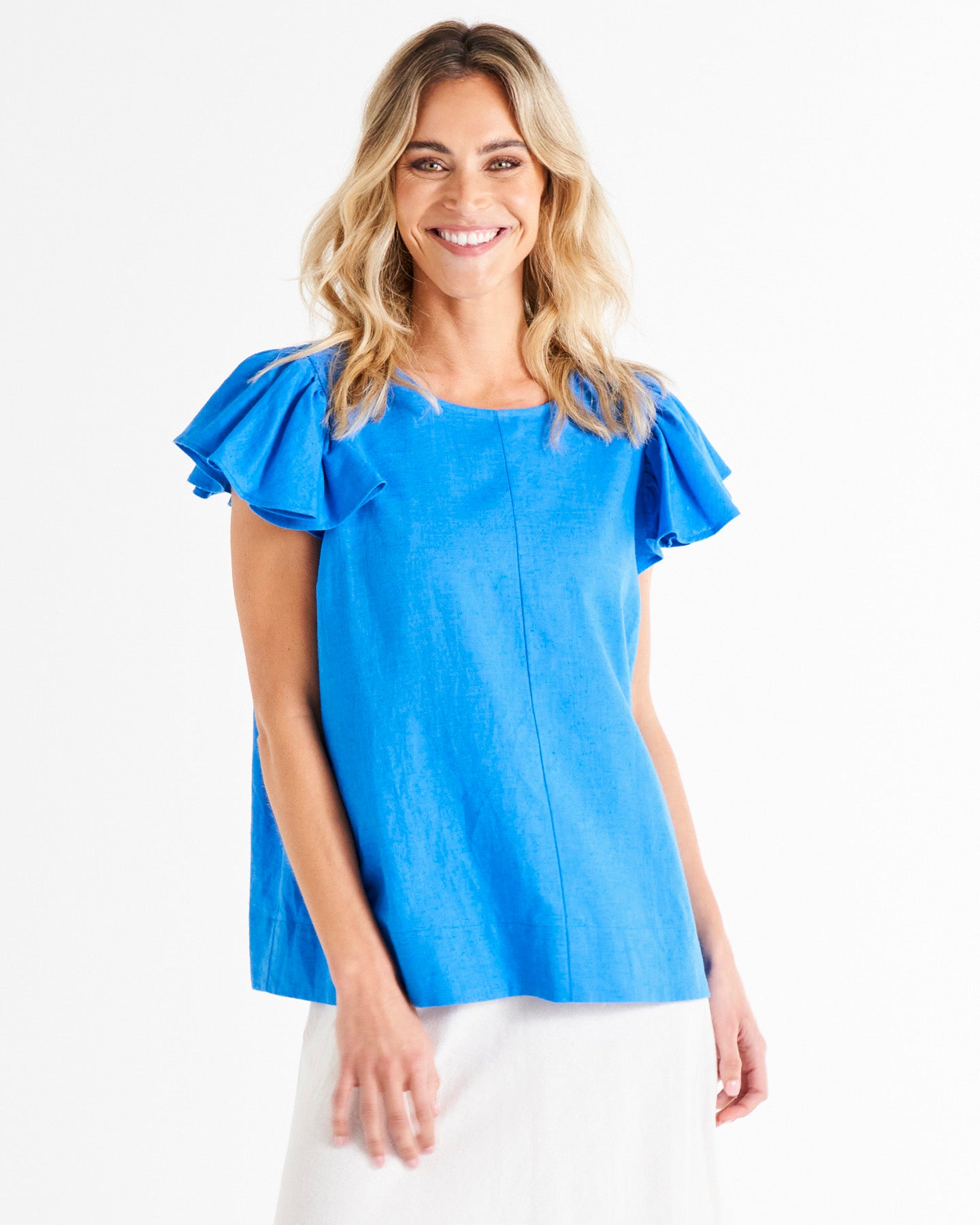 Imogen Frill Sleeve Linen-Blend Top - Electric Blue