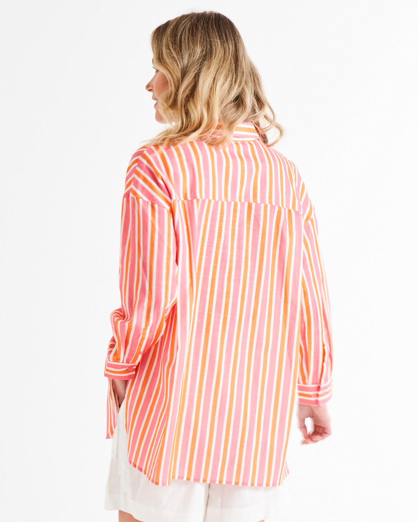 Quinn Oversized Relaxed Button-Up Cotton Shirt - Sundown Stripe Pink/Orange