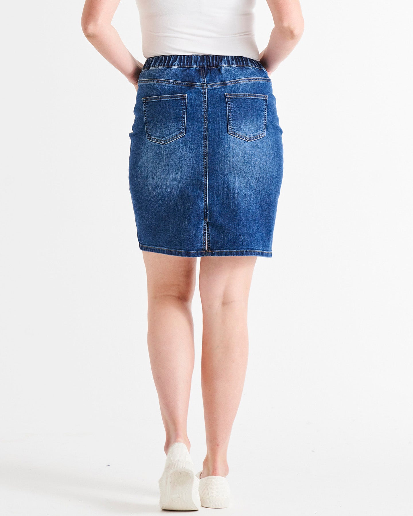 Nala High Elastic Waist Above Knee Stretchy Denim Skirt - Indigo Mix Blue