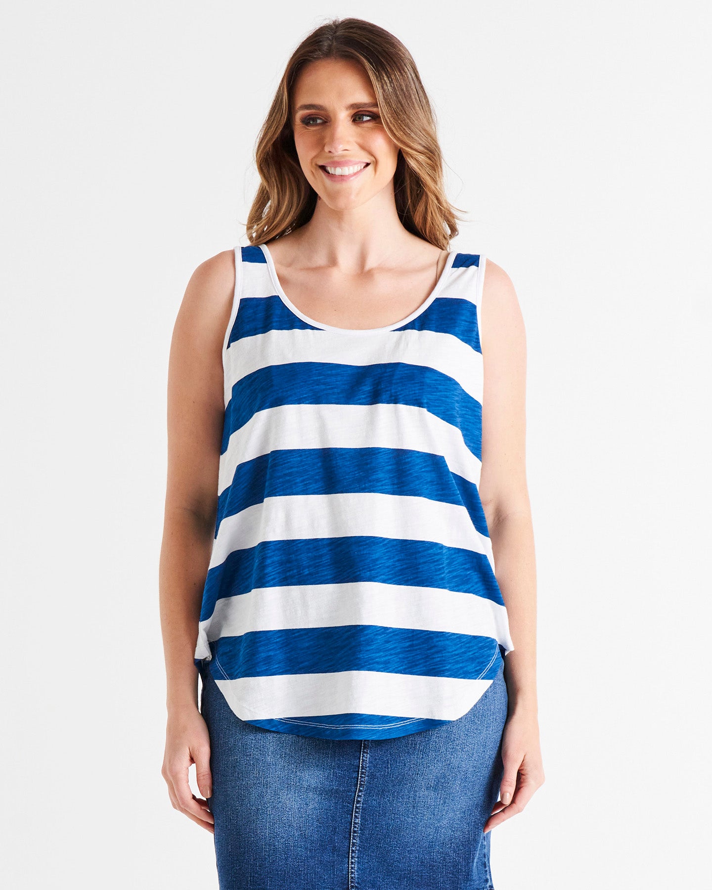 Boston Relaxed Scoop Neck Curve Hem Basic Cotton Tank - Blue/White Stripe