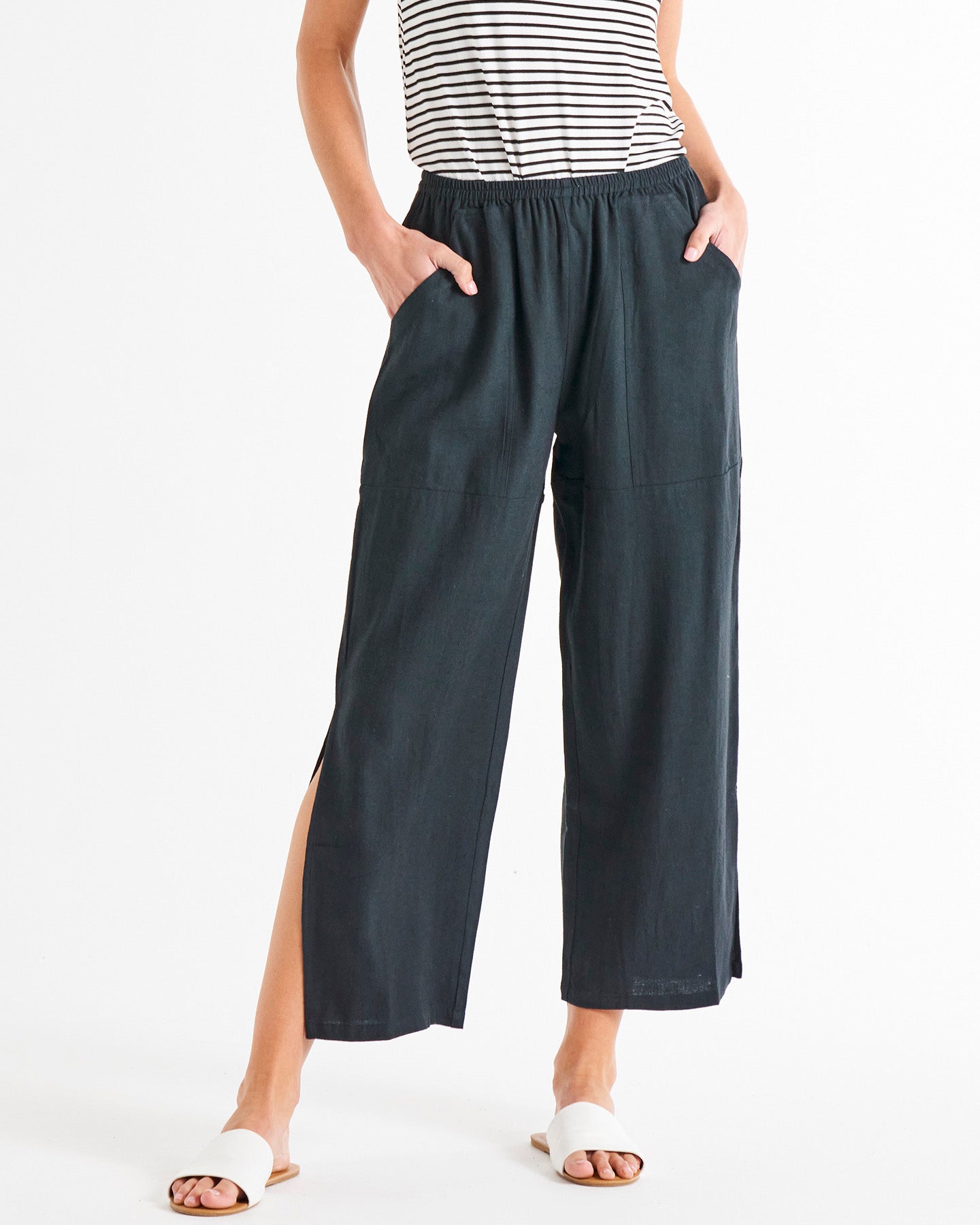 Reef High-Rise Ankle Split Linen-Blend Beach Pants - Coal