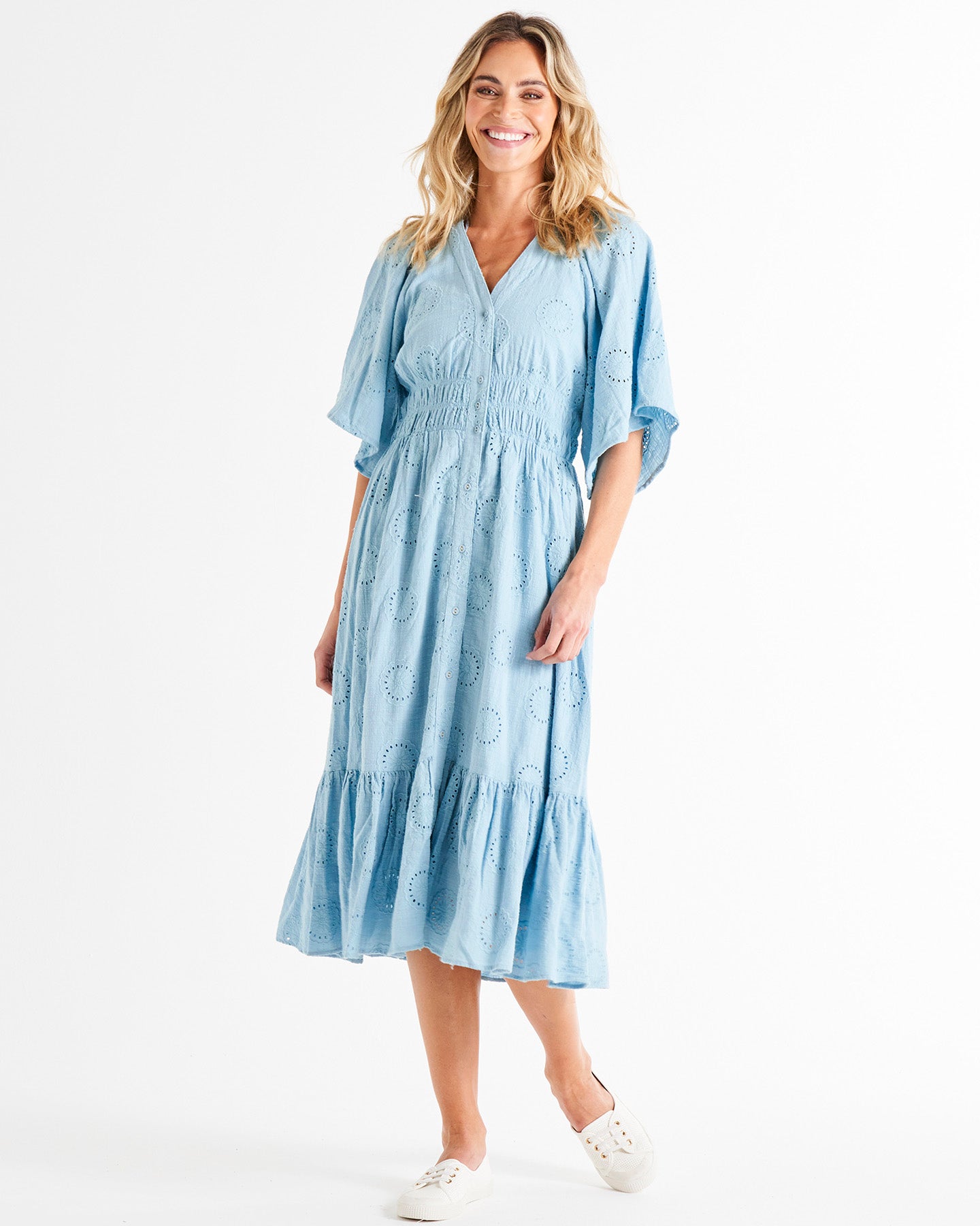 Bella Broderie Flutter Sleeve Button Up Tiered Cotton Midi Dress - Cornflower Blue