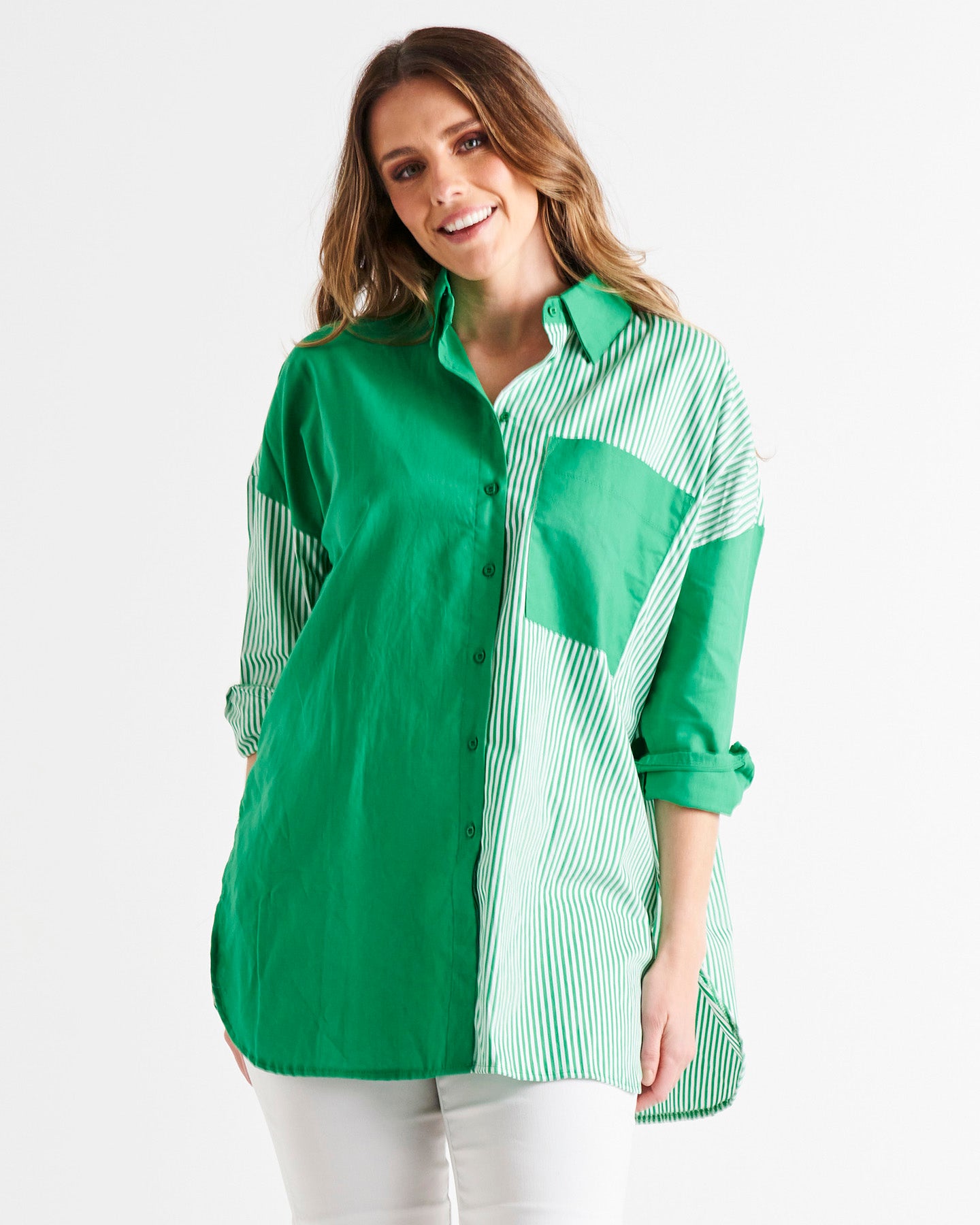 Quinn Oversized Relaxed Button-Up Cotton Shirt - Green Stripe Block