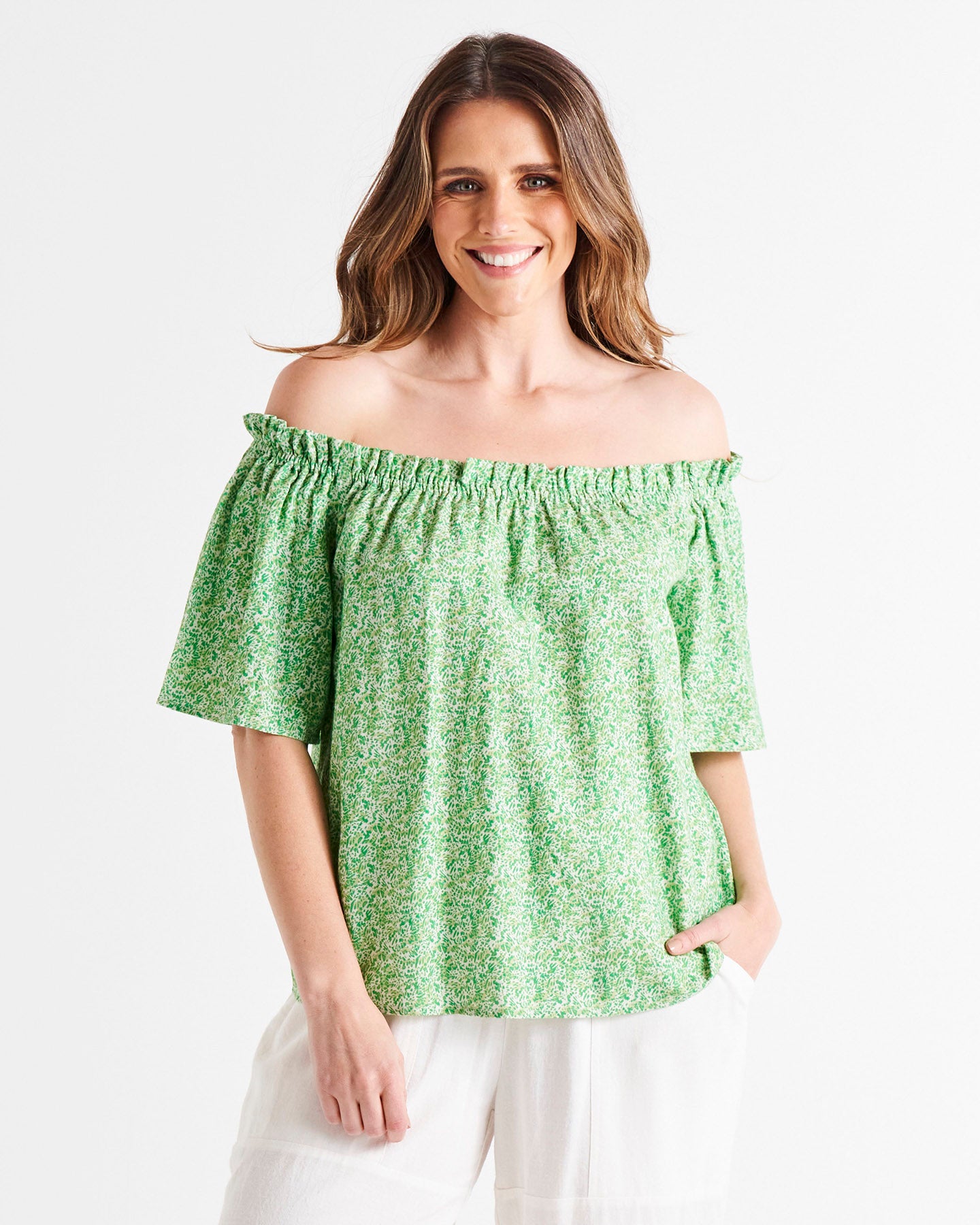 Jessica Off Shoulder Short Flutter Sleeve Linen-Blend Top - Green Wild Animal Print