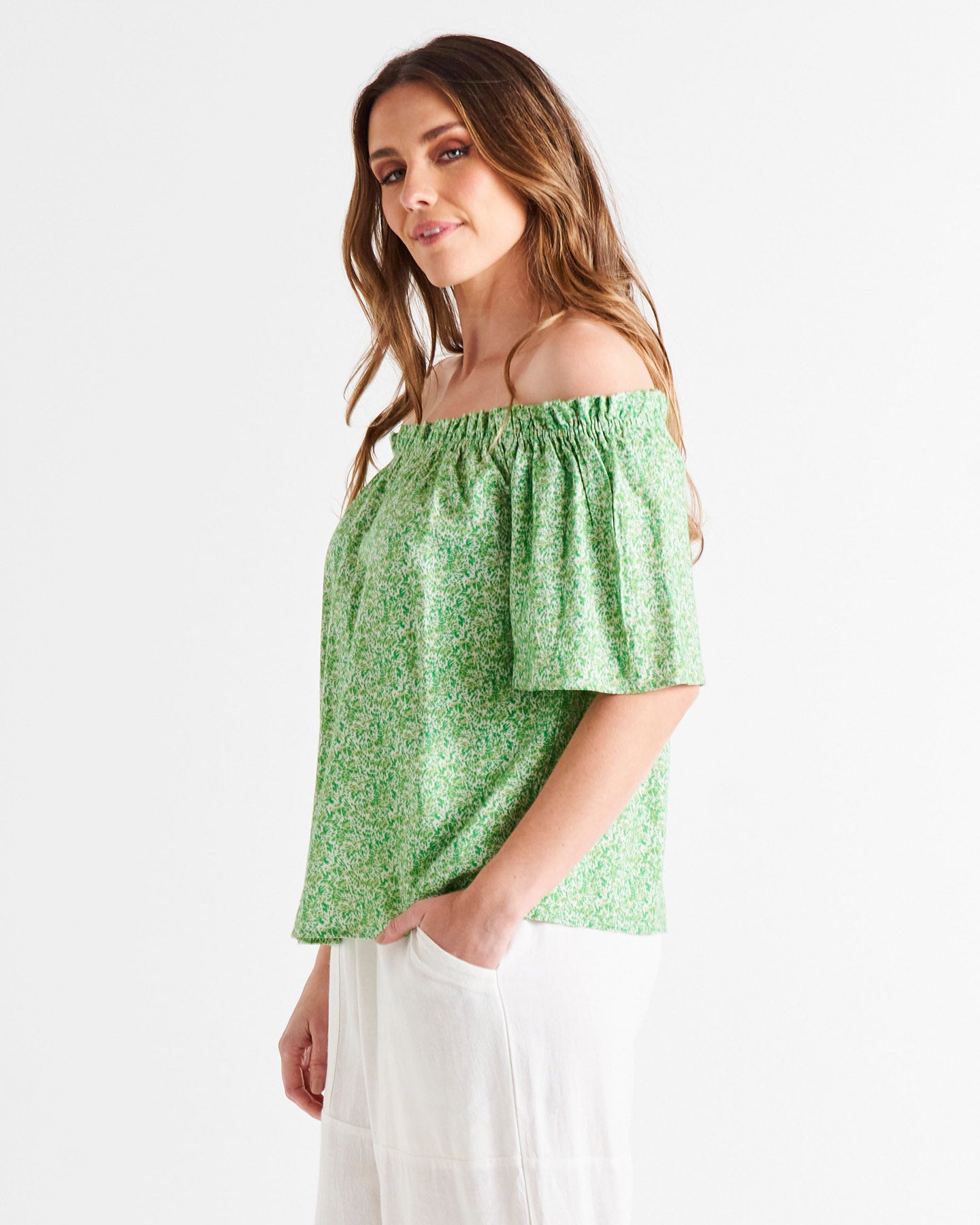 Jessica Off Shoulder Short Flutter Sleeve Linen-Blend Top - Green Wild Animal Print