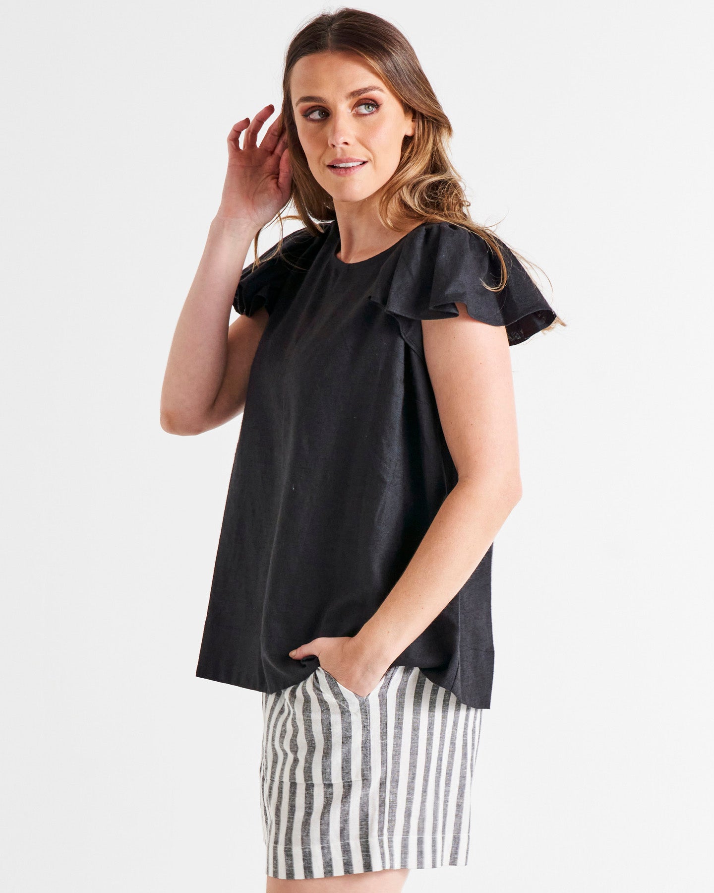 Imogen Frill Sleeve Linen-Blend Top - Coal