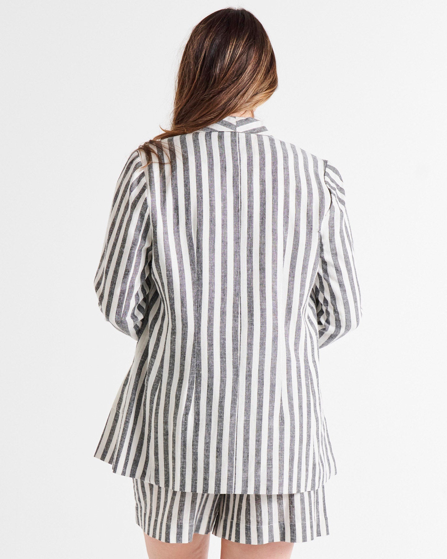 Cyndi Single Breasted Relaxed Linen-Blend Blazer - Black/White Stripe