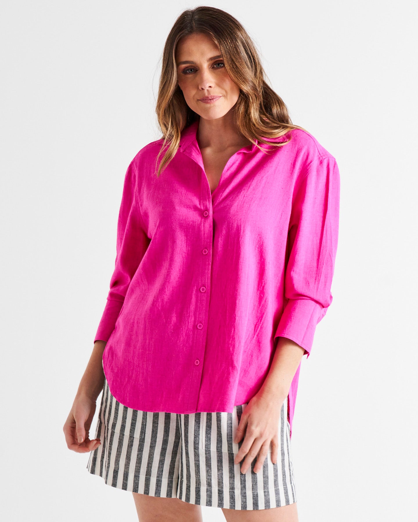 Caprice Relaxed Button-Up Linen-Blend Shirt - Berry Pink