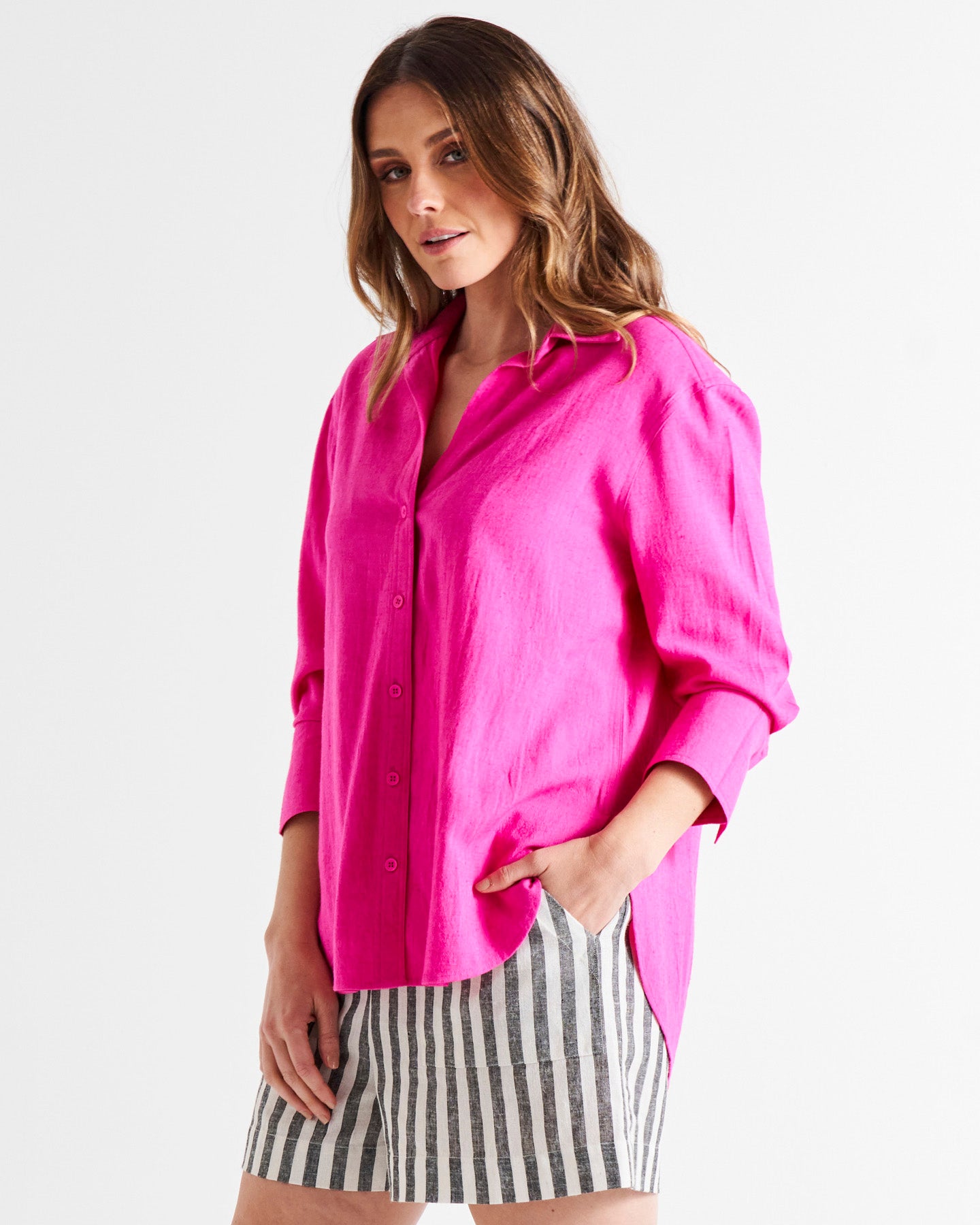 Caprice Relaxed Button-Up Linen-Blend Shirt - Berry Pink