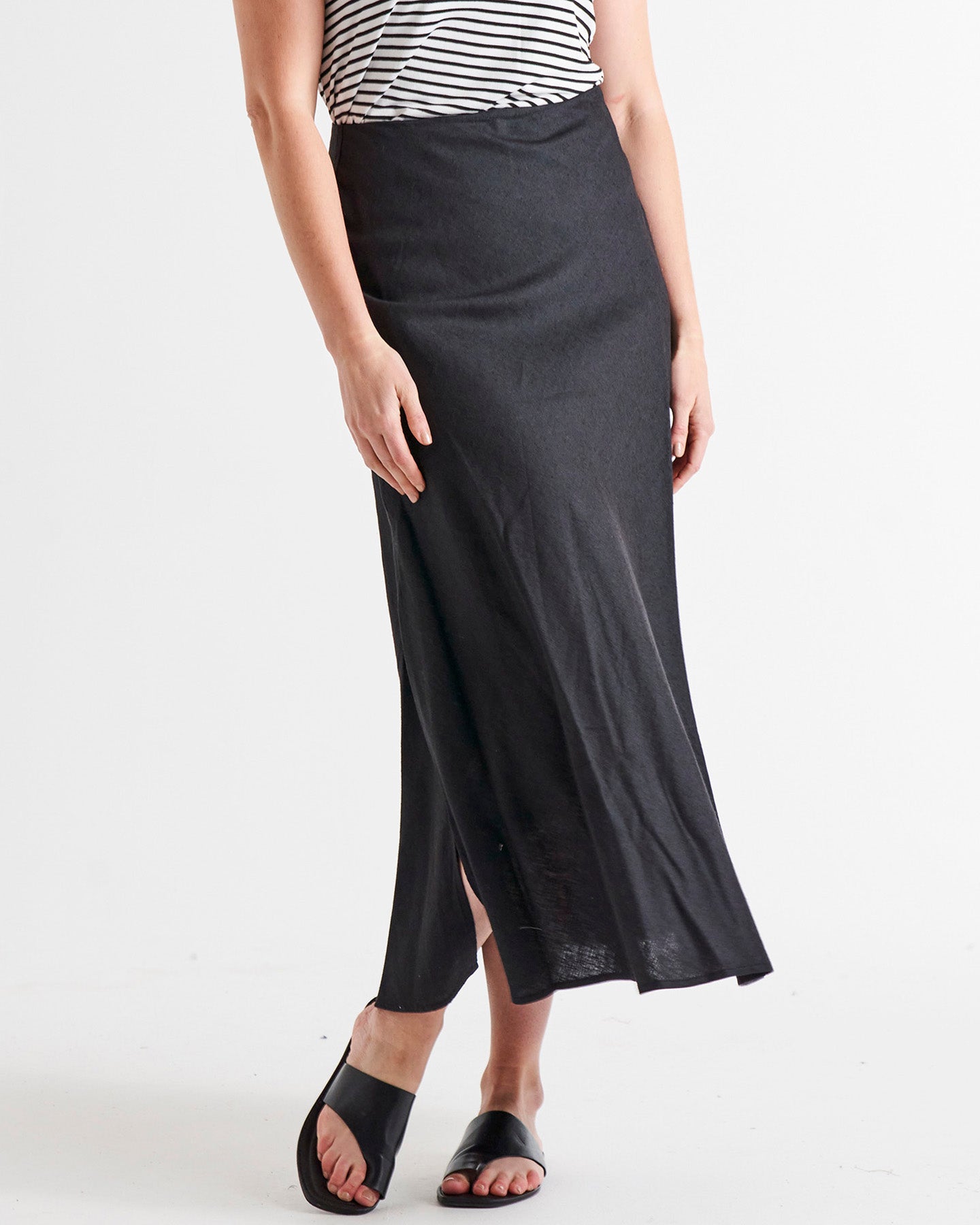 Saffron High Waist Midi Linen-Blend Side Split Skirt - Coal