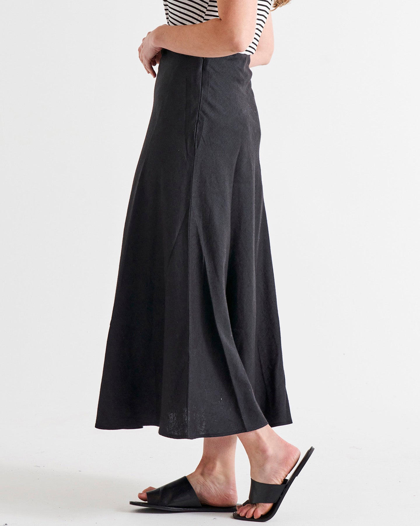 Saffron High Waist Midi Linen-Blend Side Split Skirt - Coal