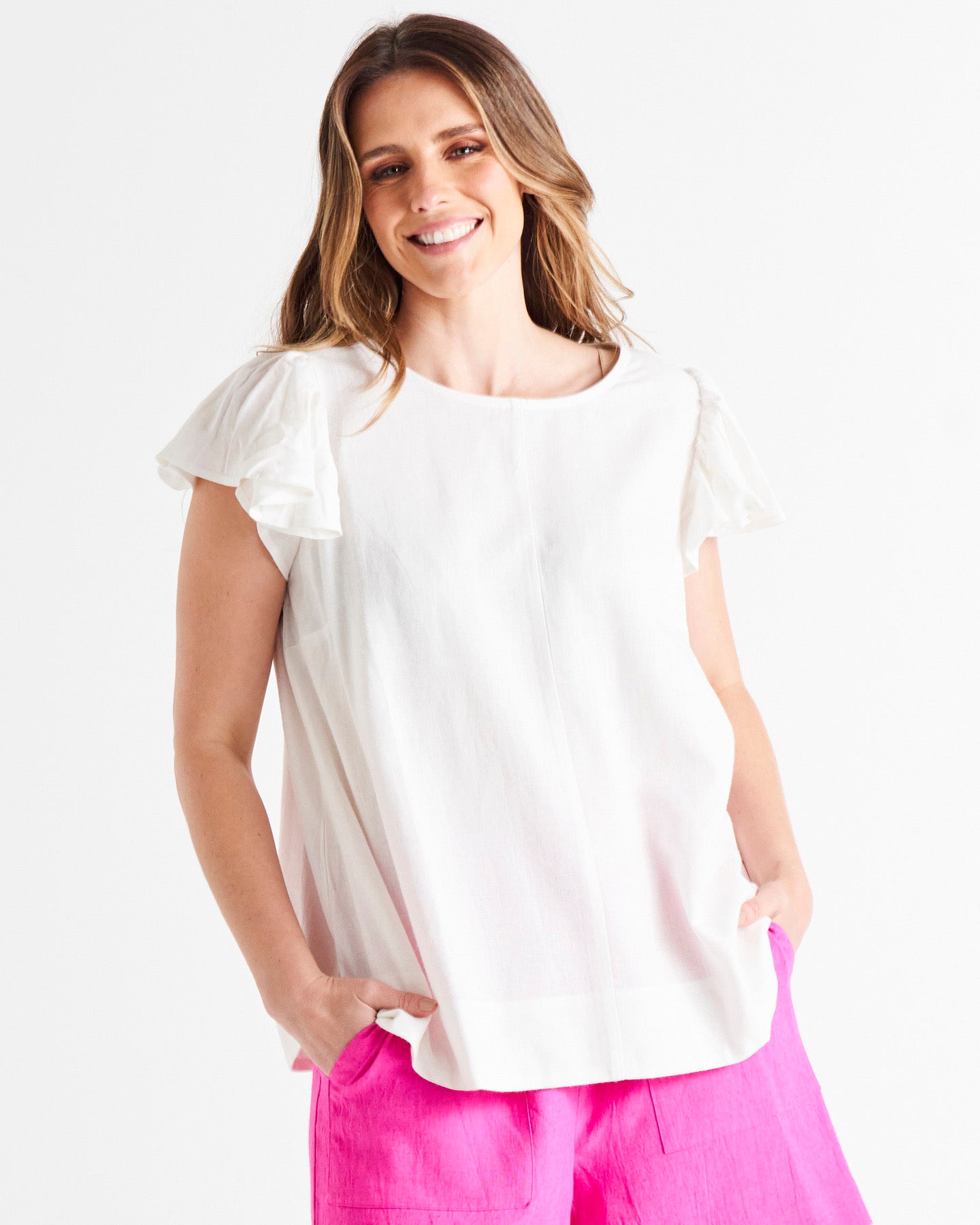 Imogen Frill Sleeve Linen-Blend Top - White