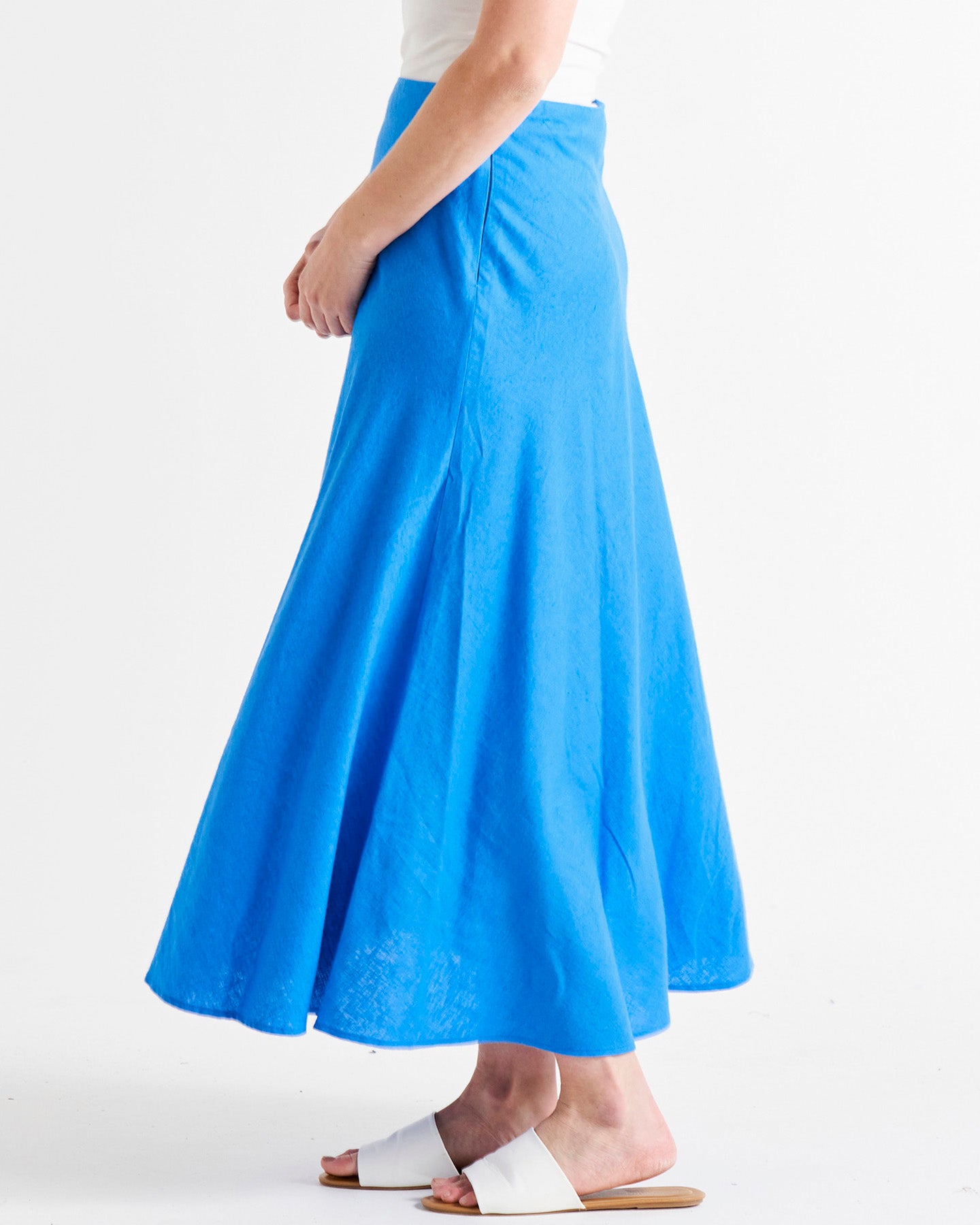 Saffron High Waist Midi Linen-Blend Side Split Skirt - Electric Blue