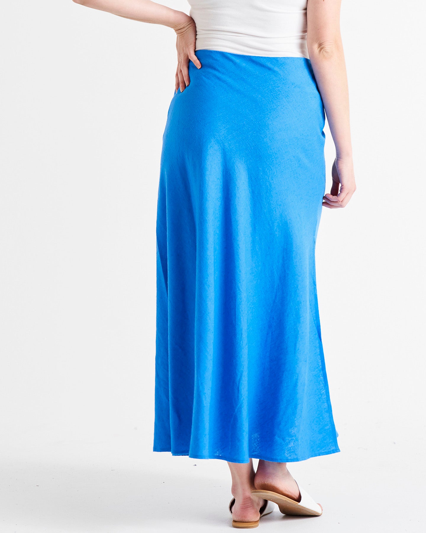 Saffron High Waist Midi Linen-Blend Side Split Skirt - Electric Blue