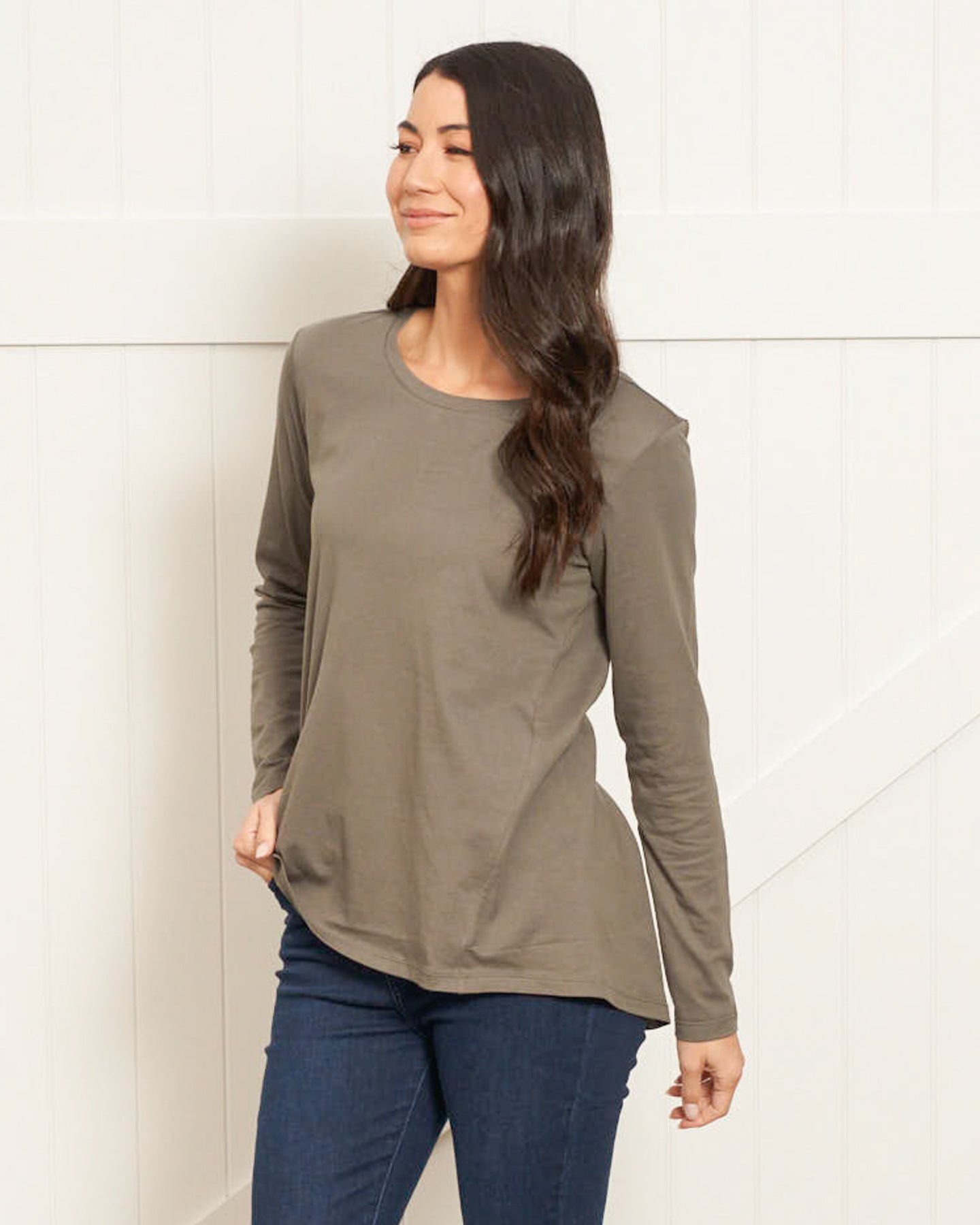 Sydney 100% Australian Cotton Relaxed Trapeze Basic Long Sleeve Tee - Ash Green