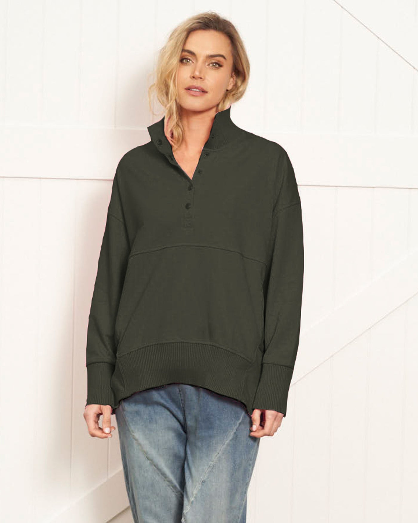 Sadie Sporty Button Up Cotton Sweat - Khaki