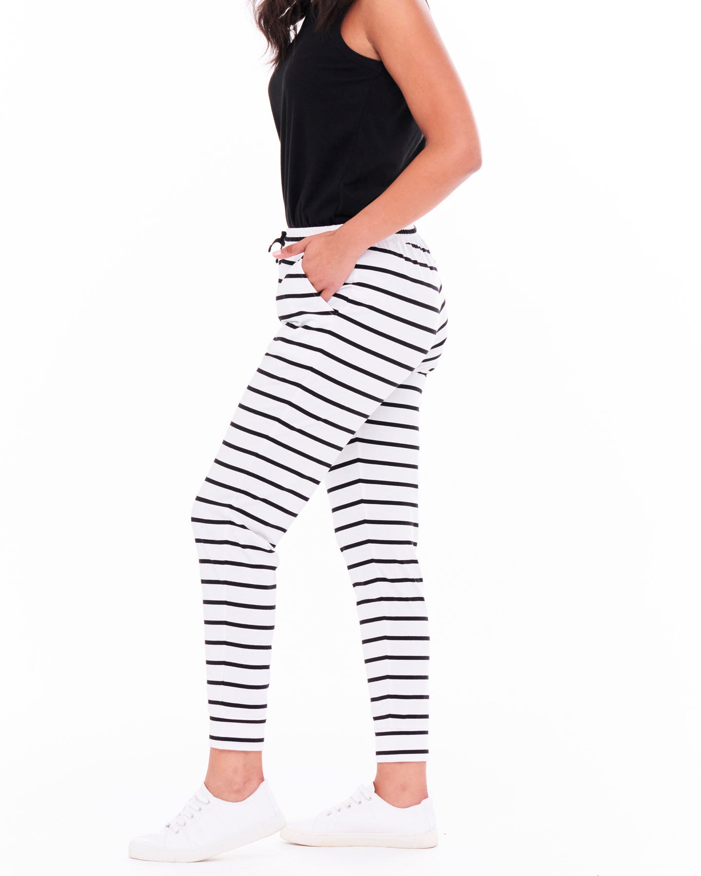 Heidi Stretchy Tapered Cotton Jogger Pants - White/Black Stripe