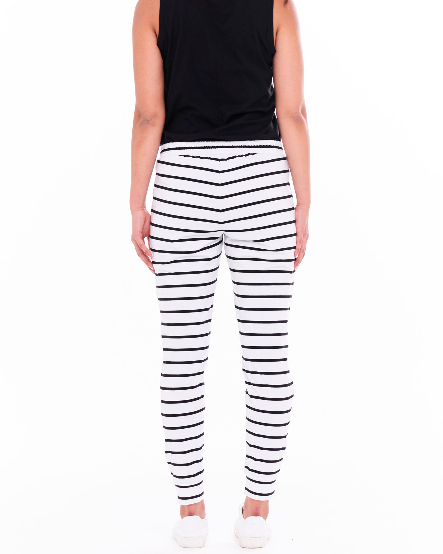 Heidi Stretchy Tapered Cotton Jogger Pants - White/Black Stripe