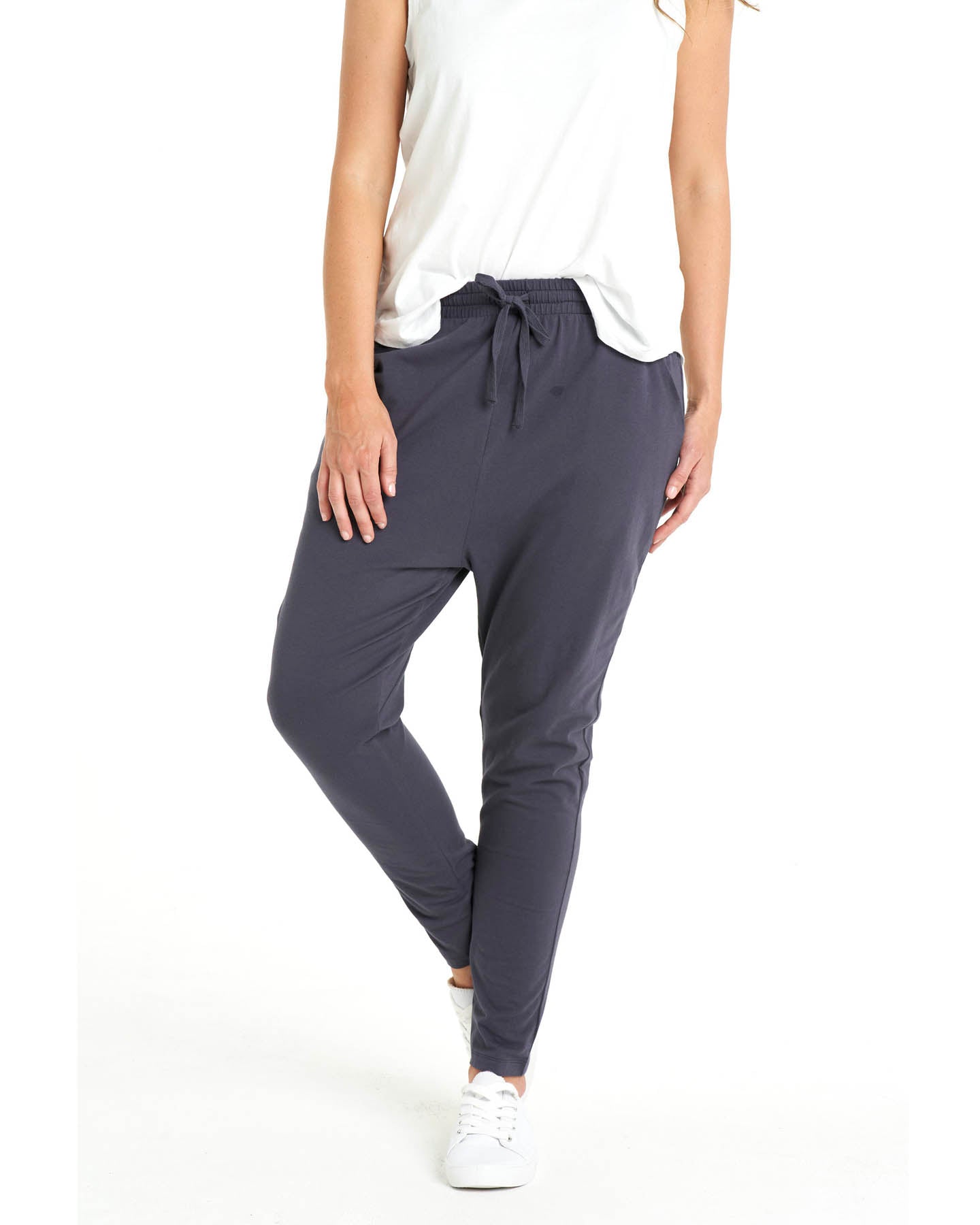 Jade Drop-Crotch Stretchy Cotton Jogger Pants - Blue Stone