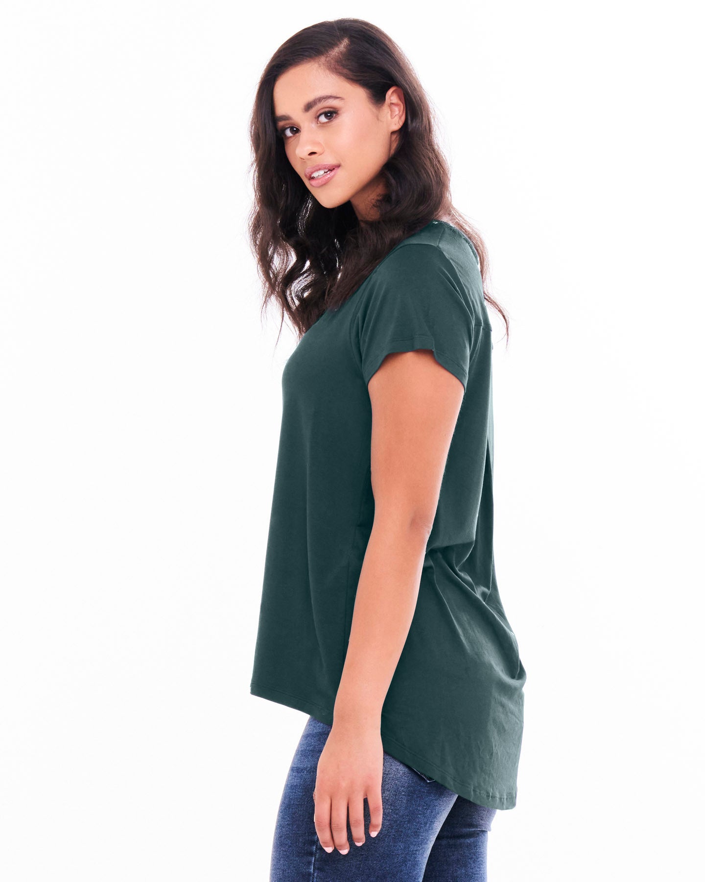 Matilda V-Neck Relaxed Draped Basic Tee - Ivy Green