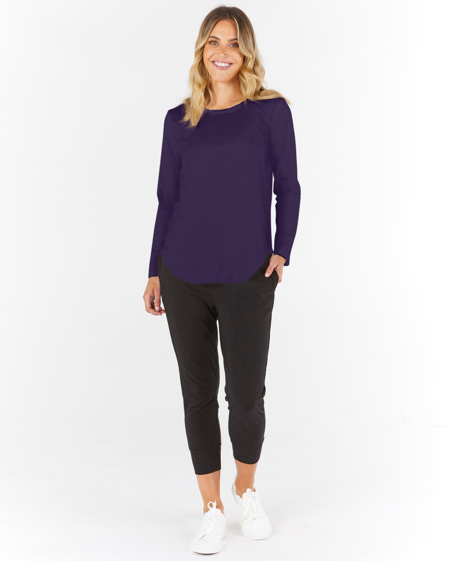 Megan Long Sleeve Cotton Basic Top - Navy