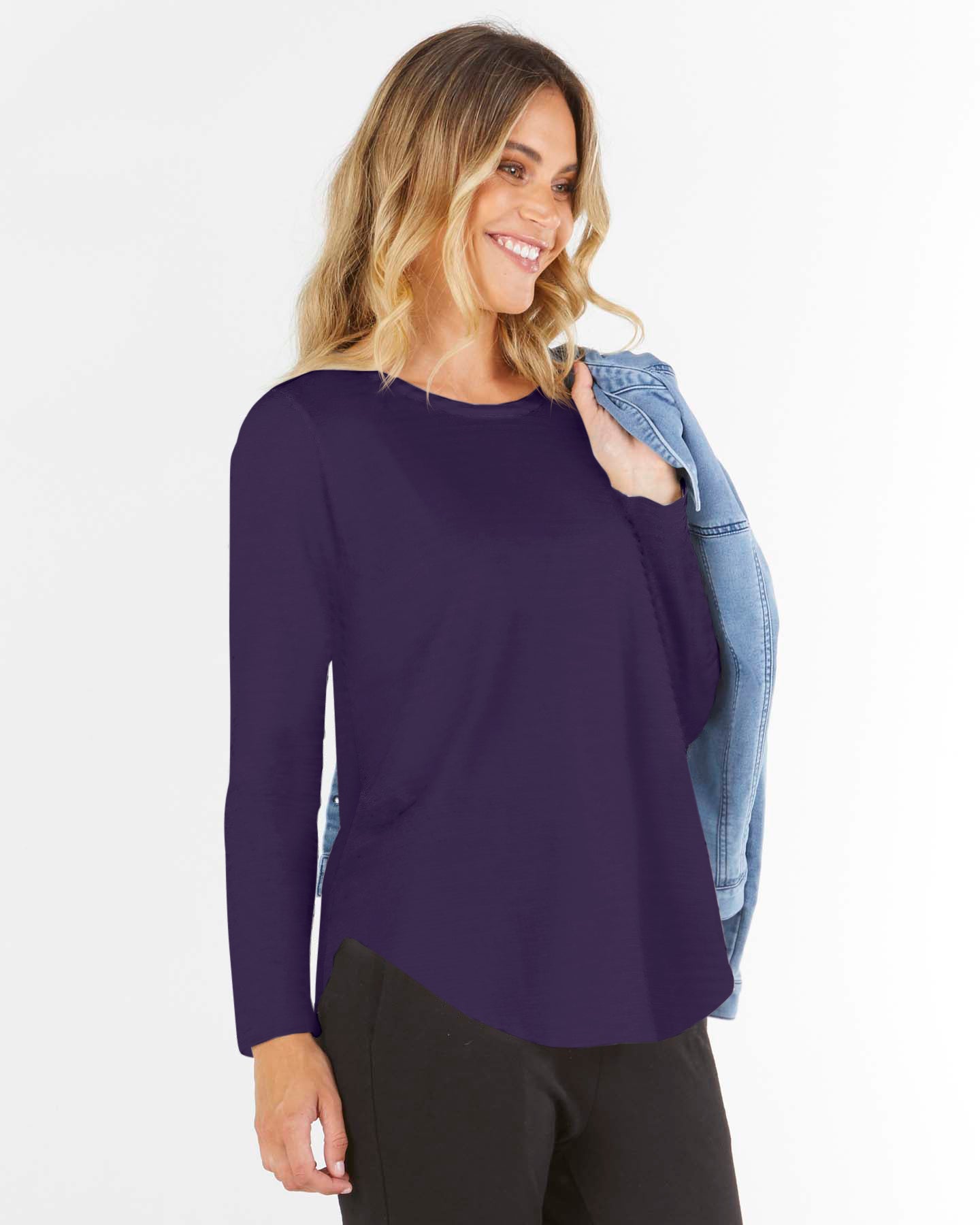 Megan Long Sleeve Cotton Basic Top - Navy