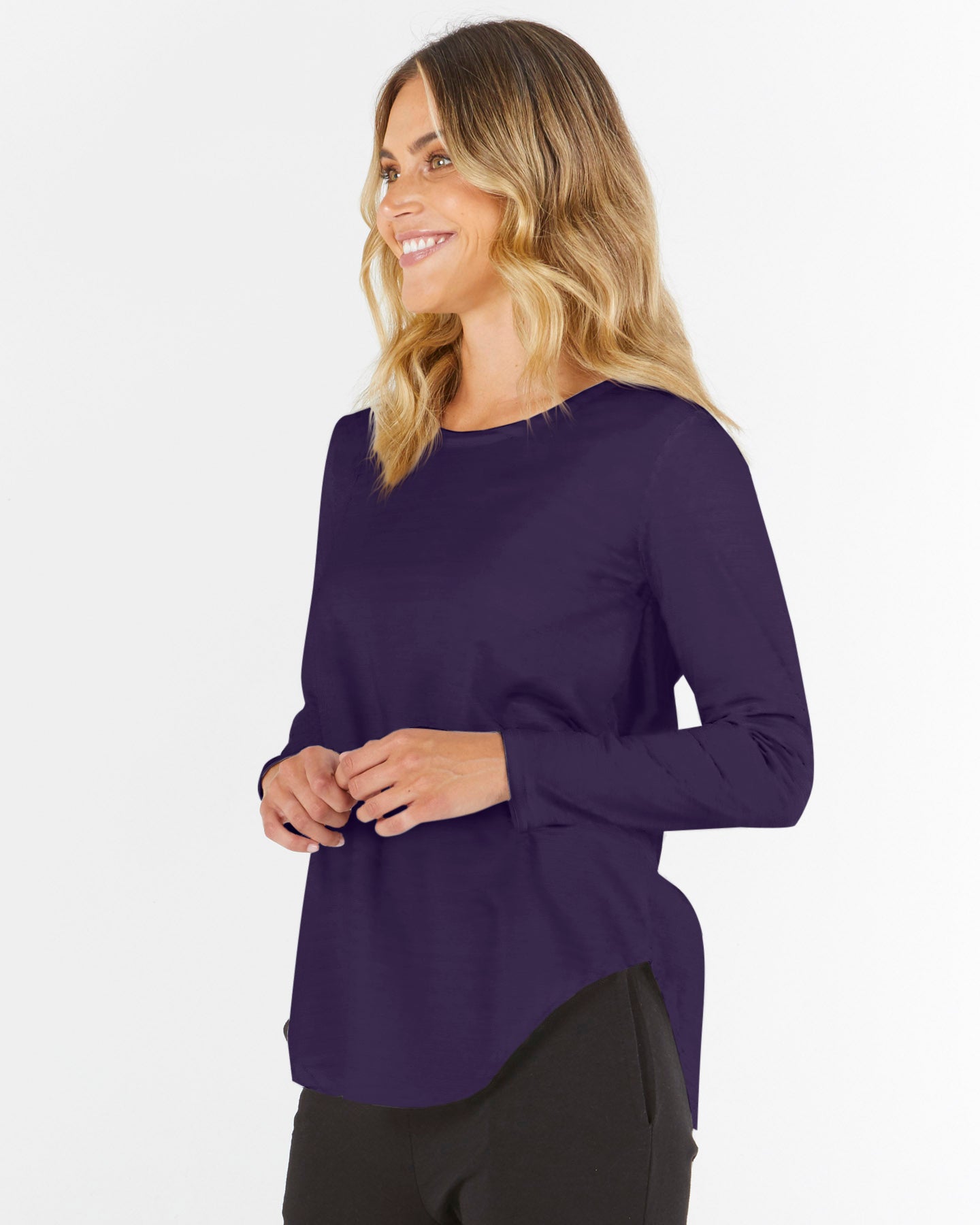 Megan Long Sleeve Cotton Basic Top - Navy