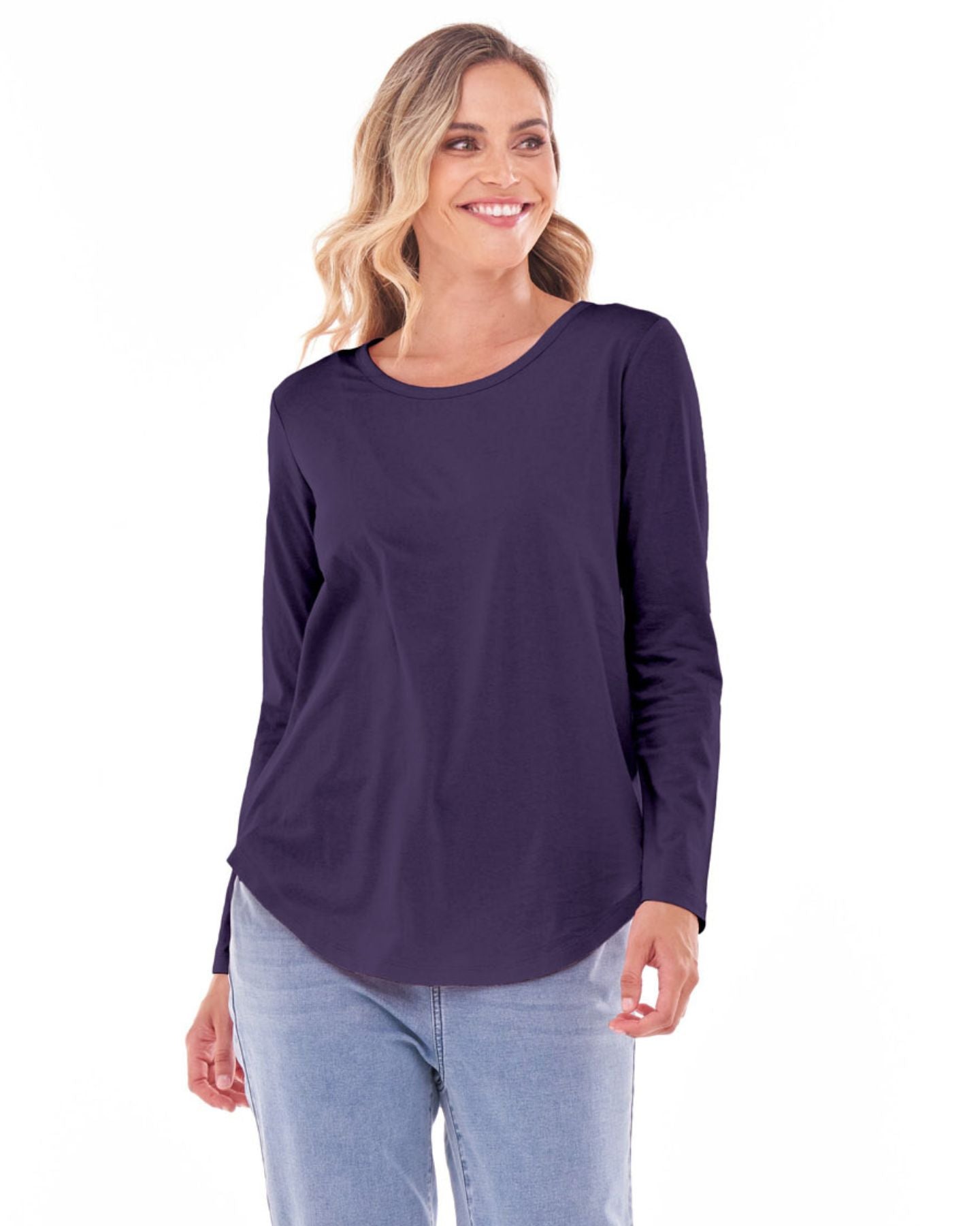 Megan Long Sleeve Cotton Basic Top - Navy