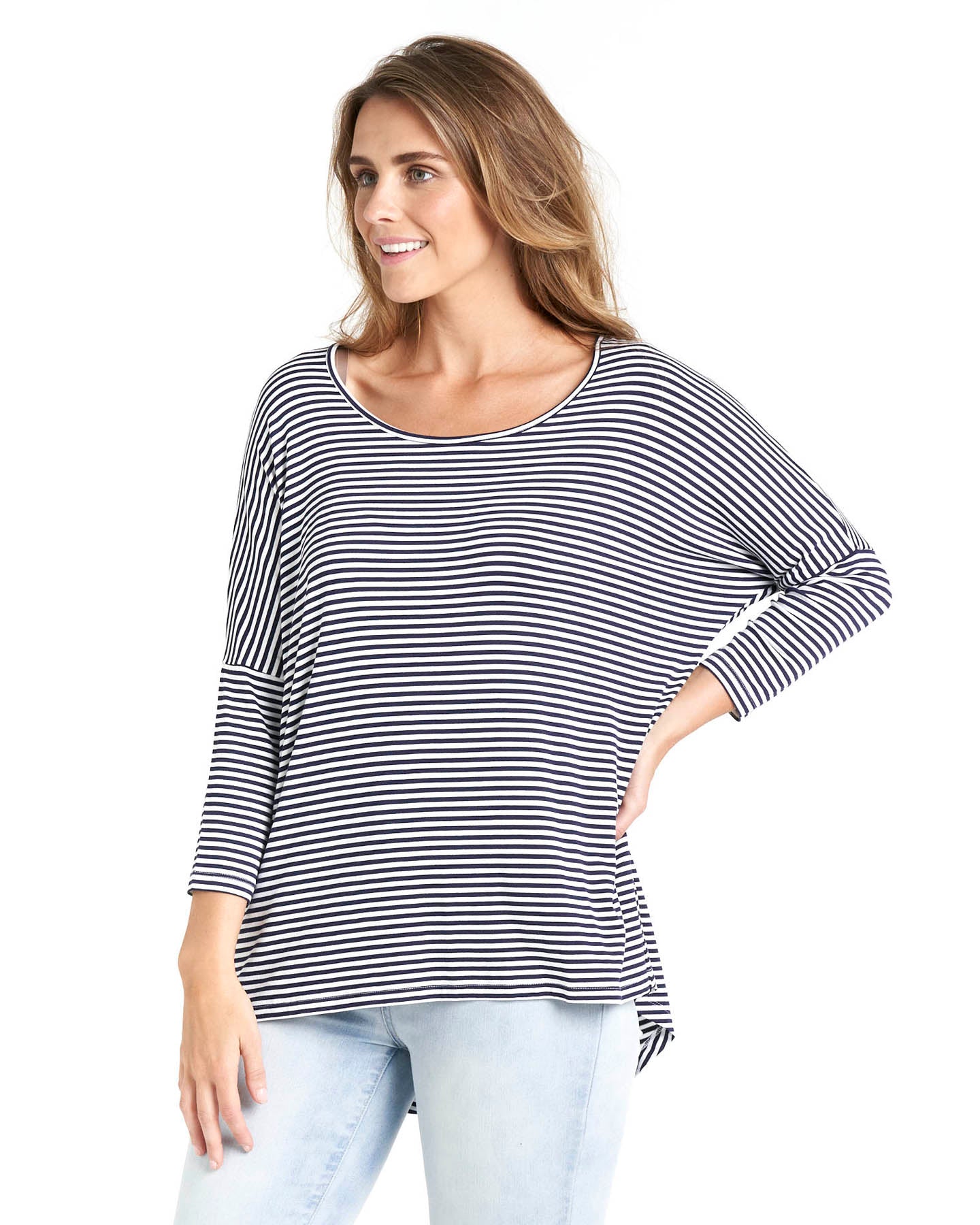 Milan Draped Relaxed 3/4 Sleeve Basic Top - Navy Blue/White Stripe