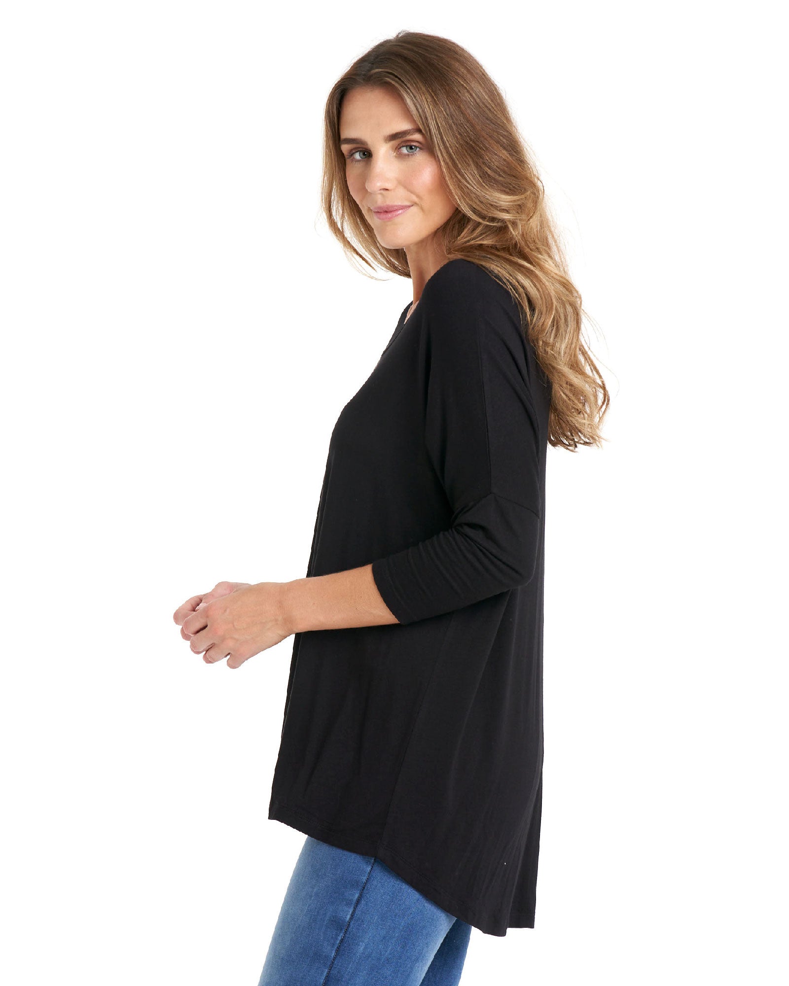 Milan Draped Relaxed 3/4 Sleeve Basic Top - Black