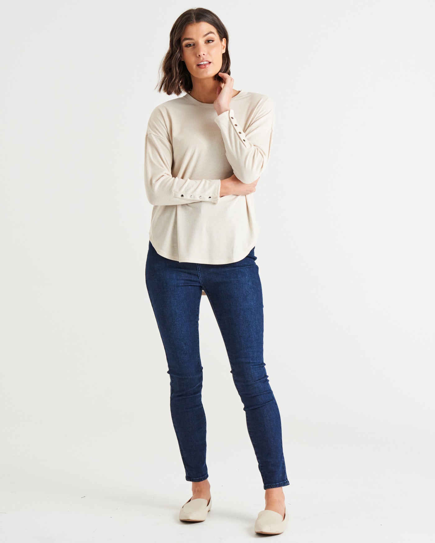 Malika Relaxed Drape Ribbed Long Sleeve Tee - Oat Milk