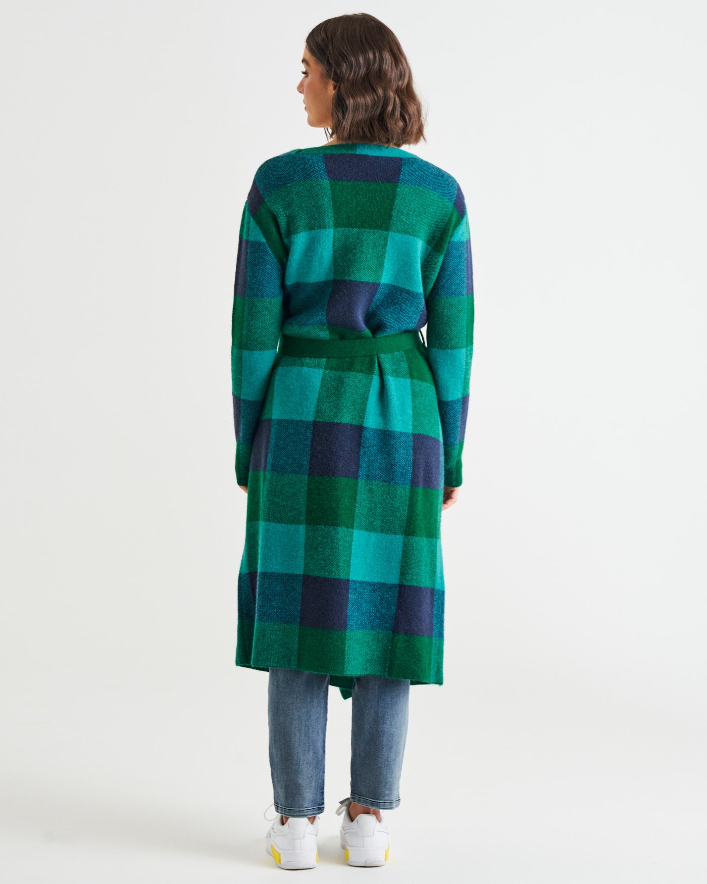 Swift Wraparound Oversized Tie Waist Cardigan - Green/Blue Check