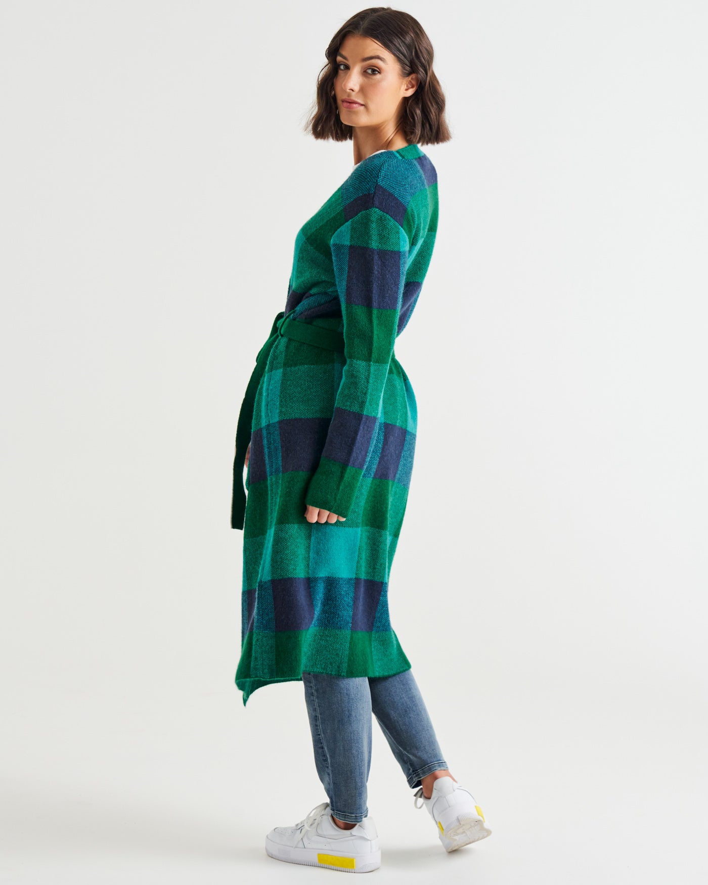 Swift Wraparound Oversized Tie Waist Cardigan - Green/Blue Check