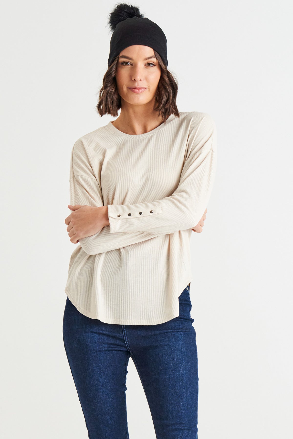 Malika Relaxed Drape Ribbed Long Sleeve Tee - Oat Milk