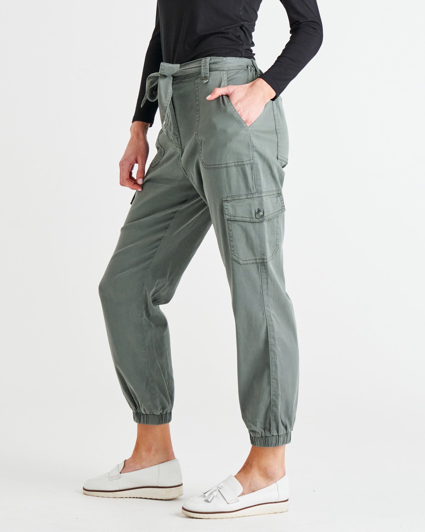 Canterbury Lyocell High Rise Elastic Waist Cargo Pants - Khaki