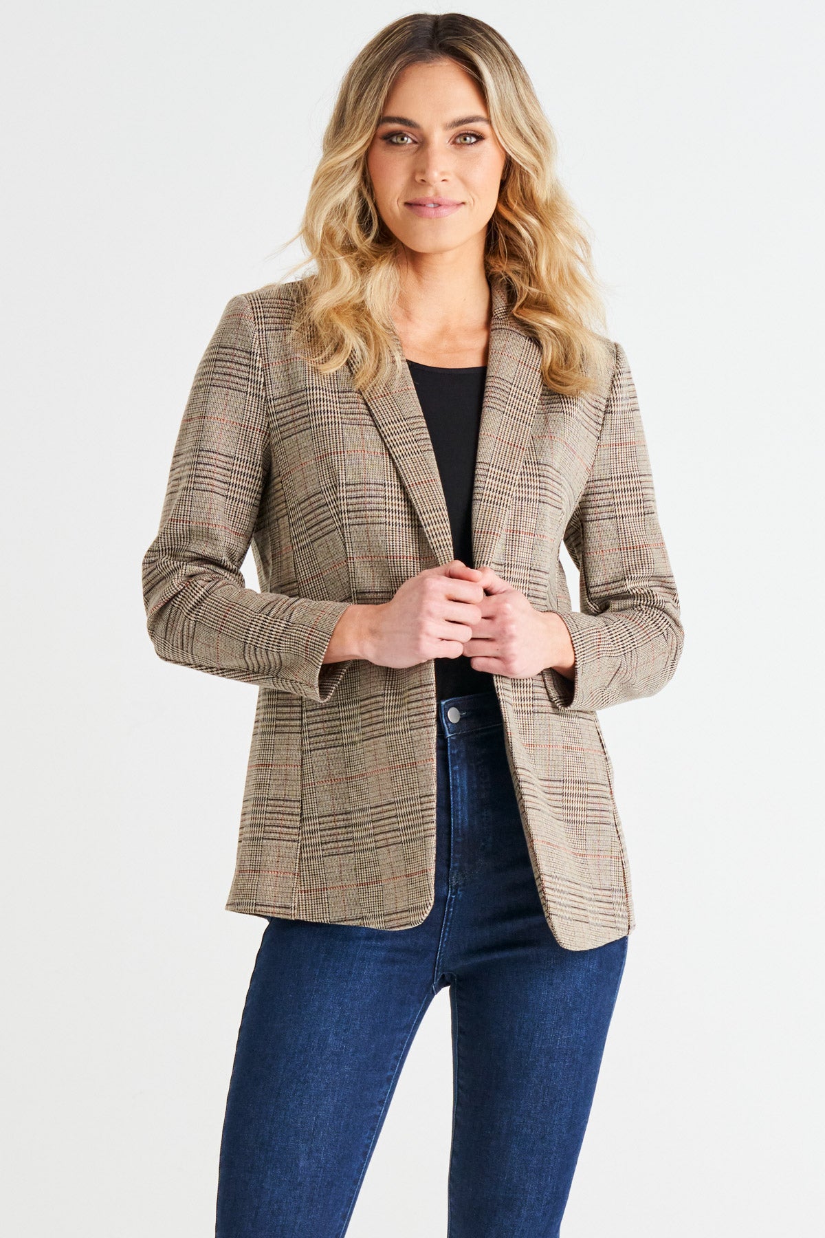 Portsea Single-Breasted Stretchy Lightweight Blazer - Mocha Plaid