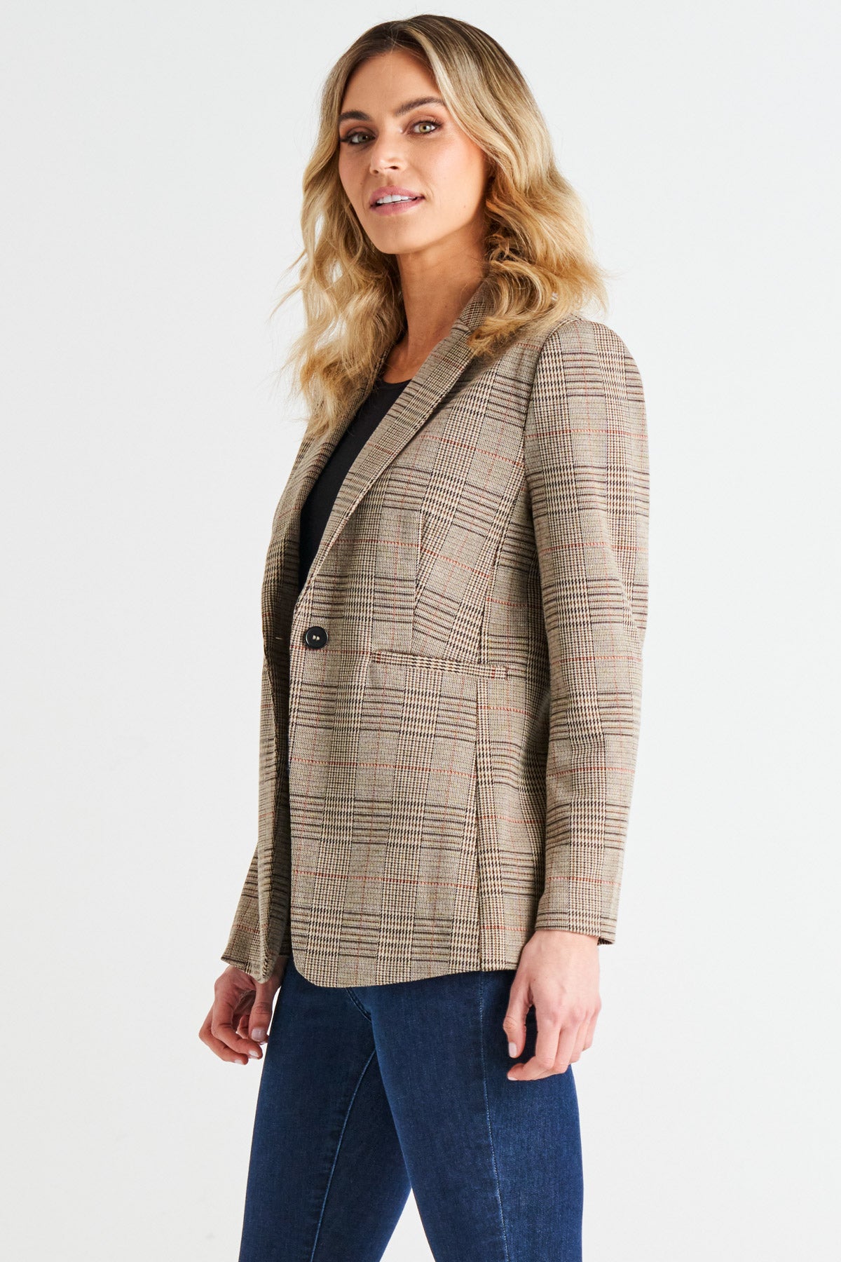 Portsea Single-Breasted Stretchy Lightweight Blazer - Mocha Plaid