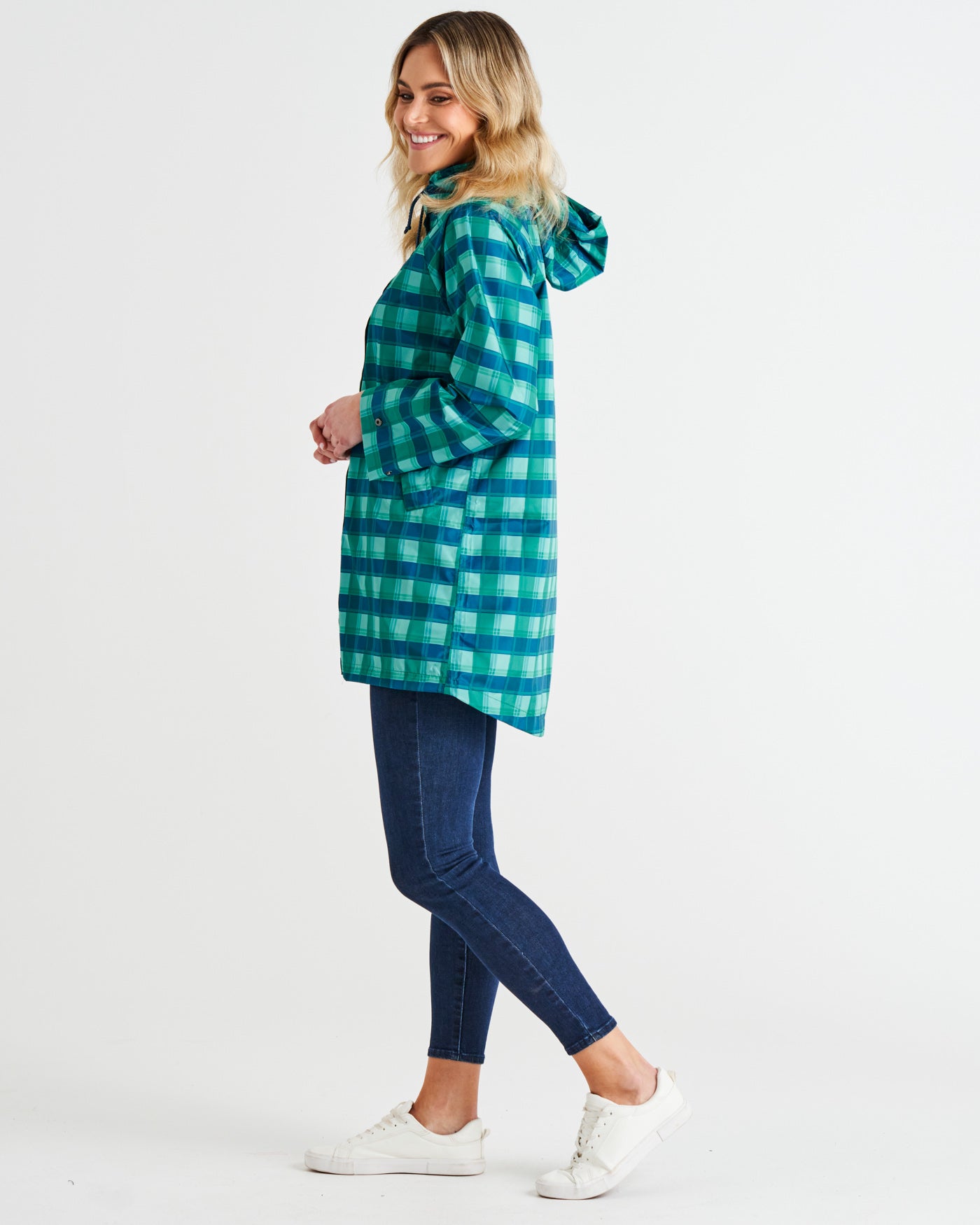 Rosie Relaxed Waterproof Raincoat - Green/Blue Tartan