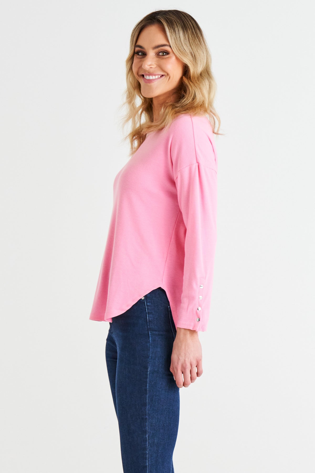 Malika Relaxed Drape Ribbed Long Sleeve Tee - Candy Pink