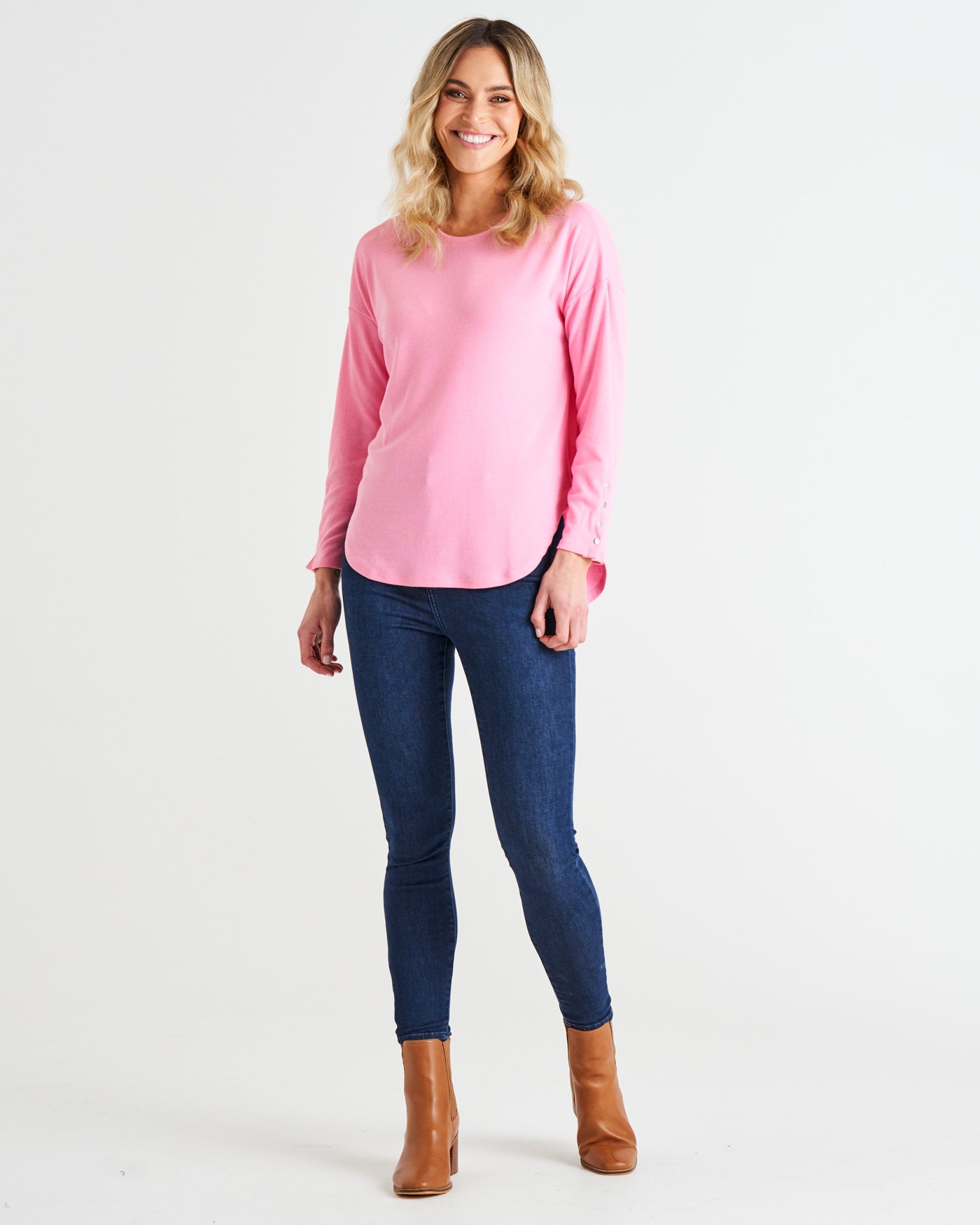 Malika Relaxed Drape Ribbed Long Sleeve Tee - Candy Pink