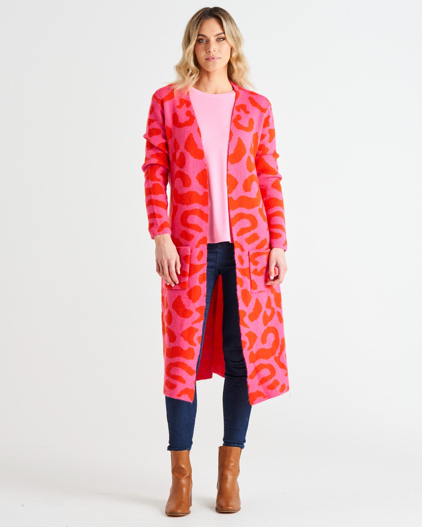 Swift Wraparound Oversized Tie Waist Cardigan - Pink/Red Cheetah Print