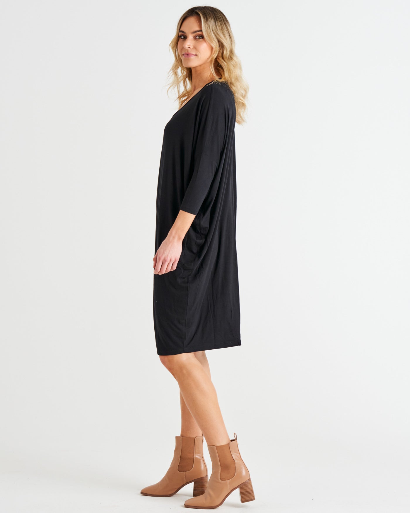 Lucia Stretchy 3/4 Sleeve T-Shirt Dress - Black