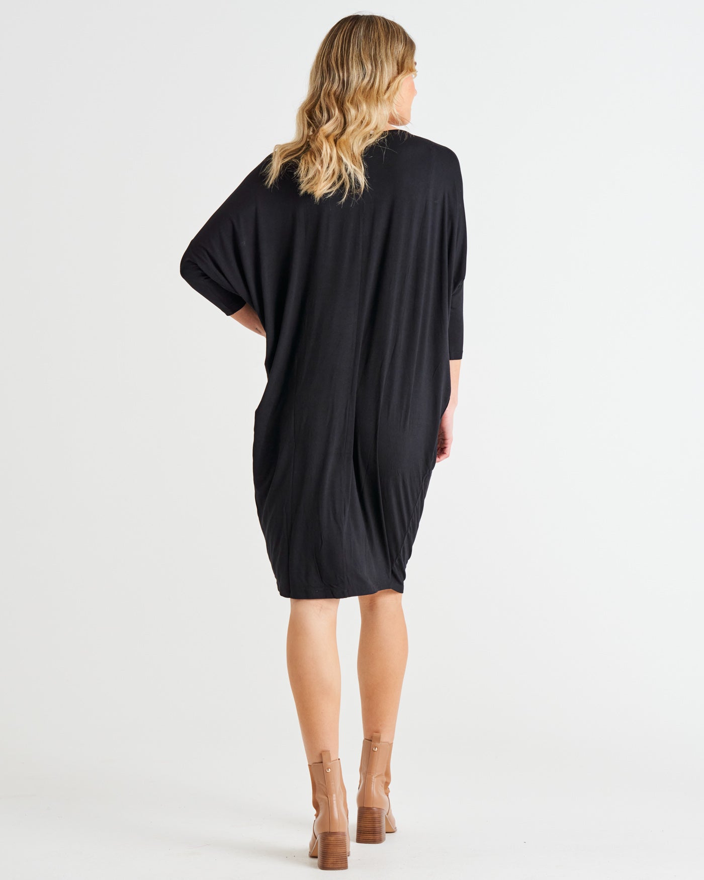 Lucia Stretchy 3/4 Sleeve T-Shirt Dress - Black