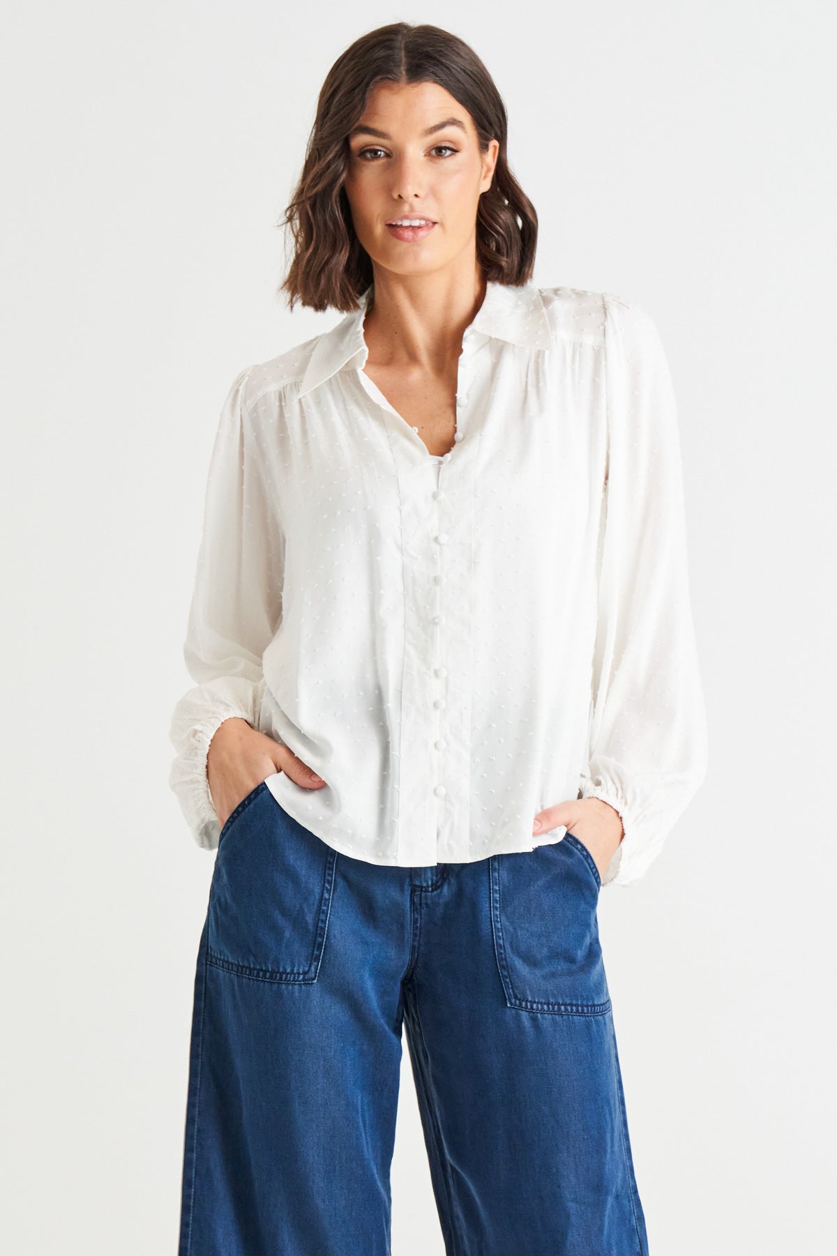 Sinead Cuff Sleeve Textured Shirt - White