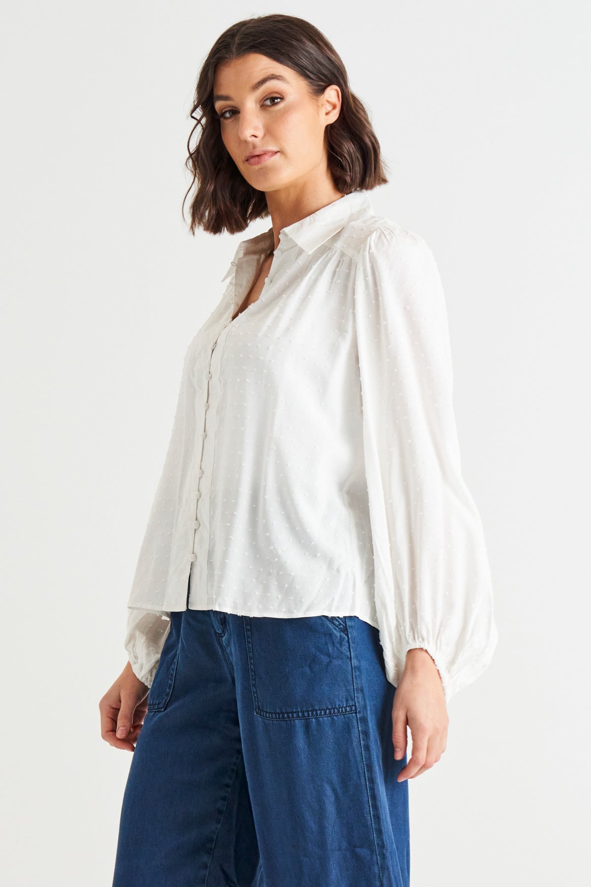 Sinead Cuff Sleeve Textured Shirt - White