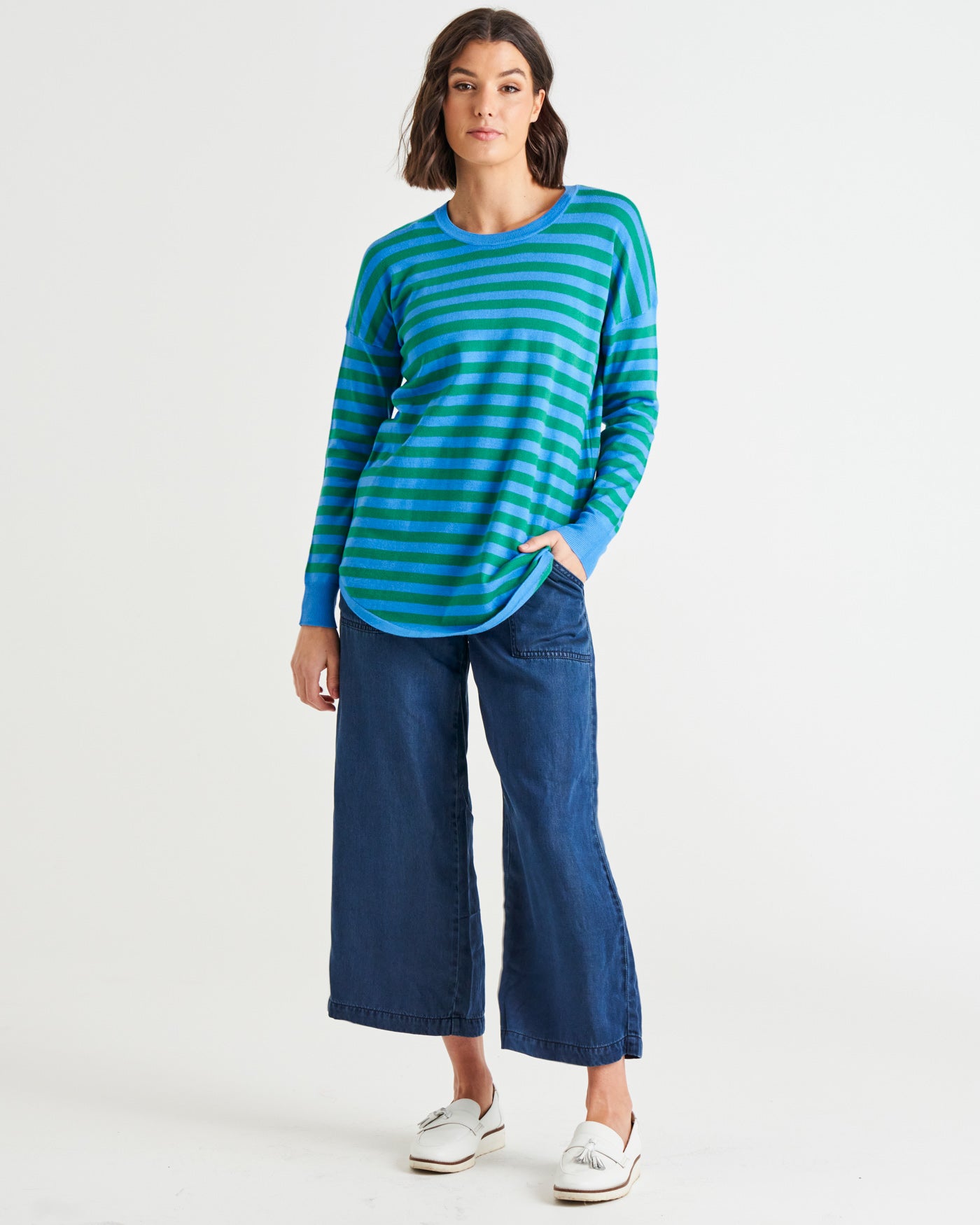 Sophie Lightweight Relaxed Knit Jumper - Green/Blue Stripe